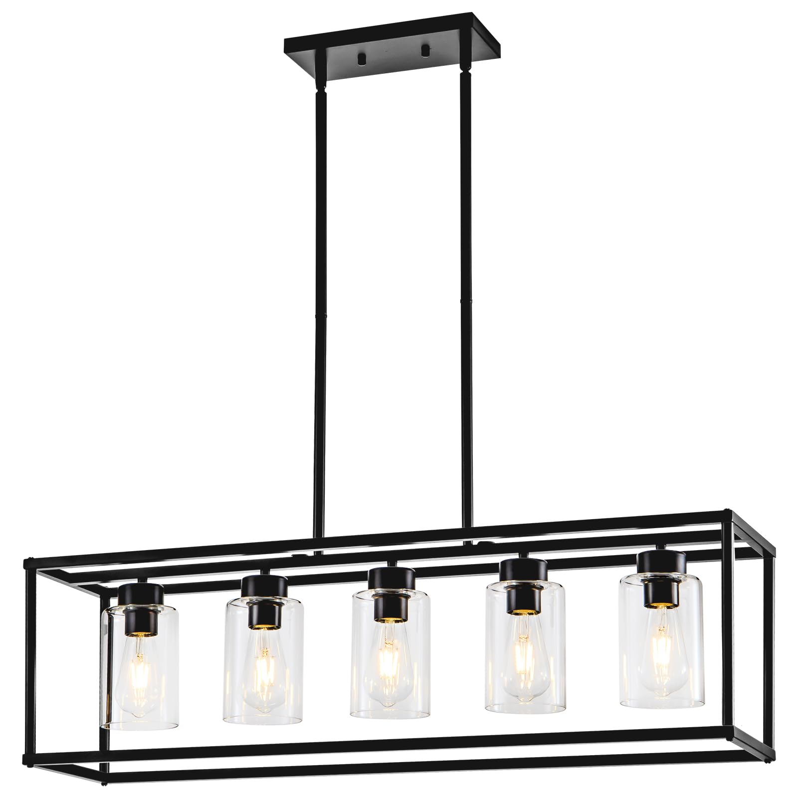 5-Light Matte Black Farmhouse Chandelier - Adjustable Height Rectangular Pendant Lighting for Dining Room, Kitchen & Living Room | Modern Industrial Hanging Light Fixture for Farmhouse, Restaurant & Home Decor