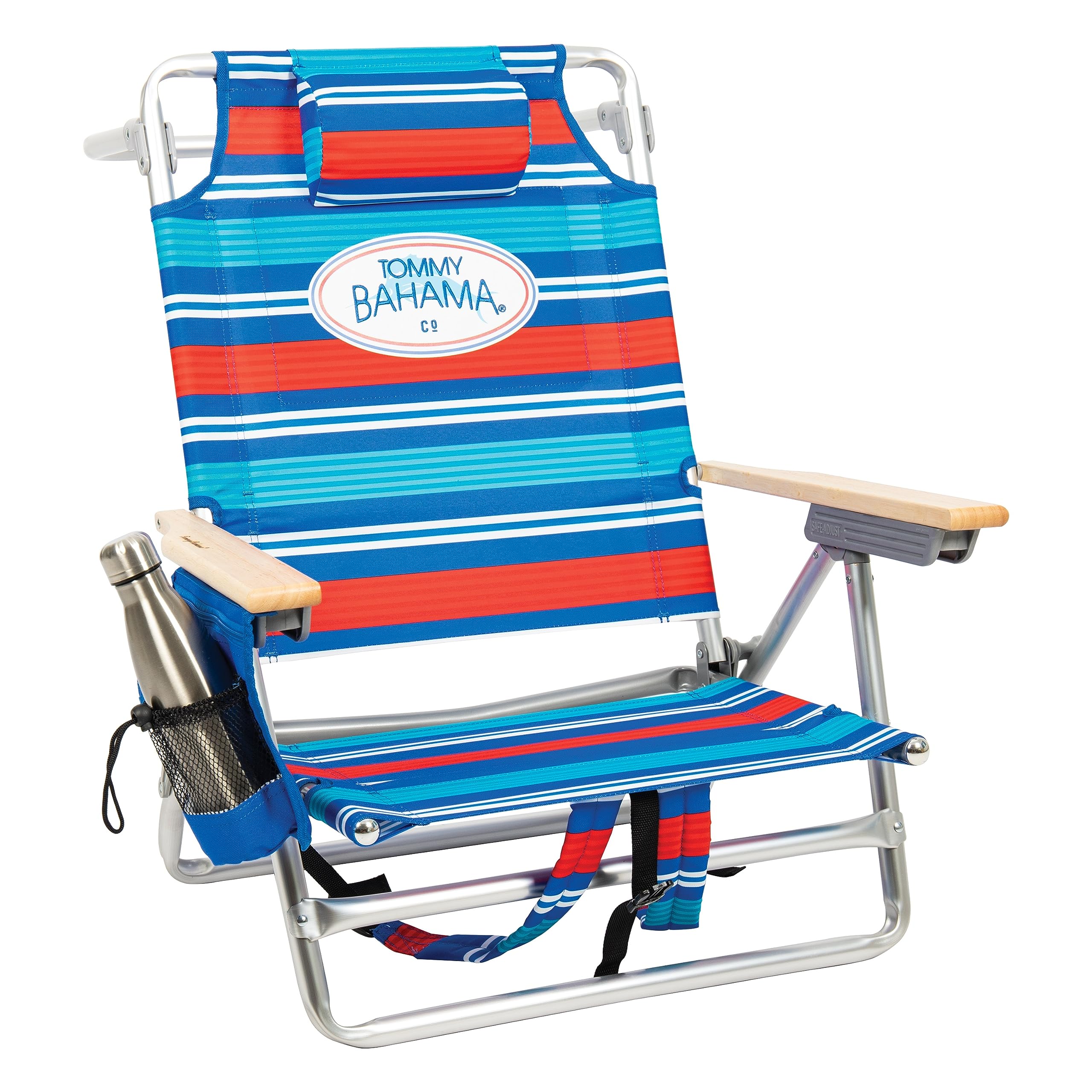 Tommy Bahama 2-Pack 5-Position Reclining Beach Chairs with Built-in Cooler, Storage Pouch & Towel Bar - Red White Blue Stripe | Perfect for Poolside Relaxation, Backyard Lounging & Beach Vacations