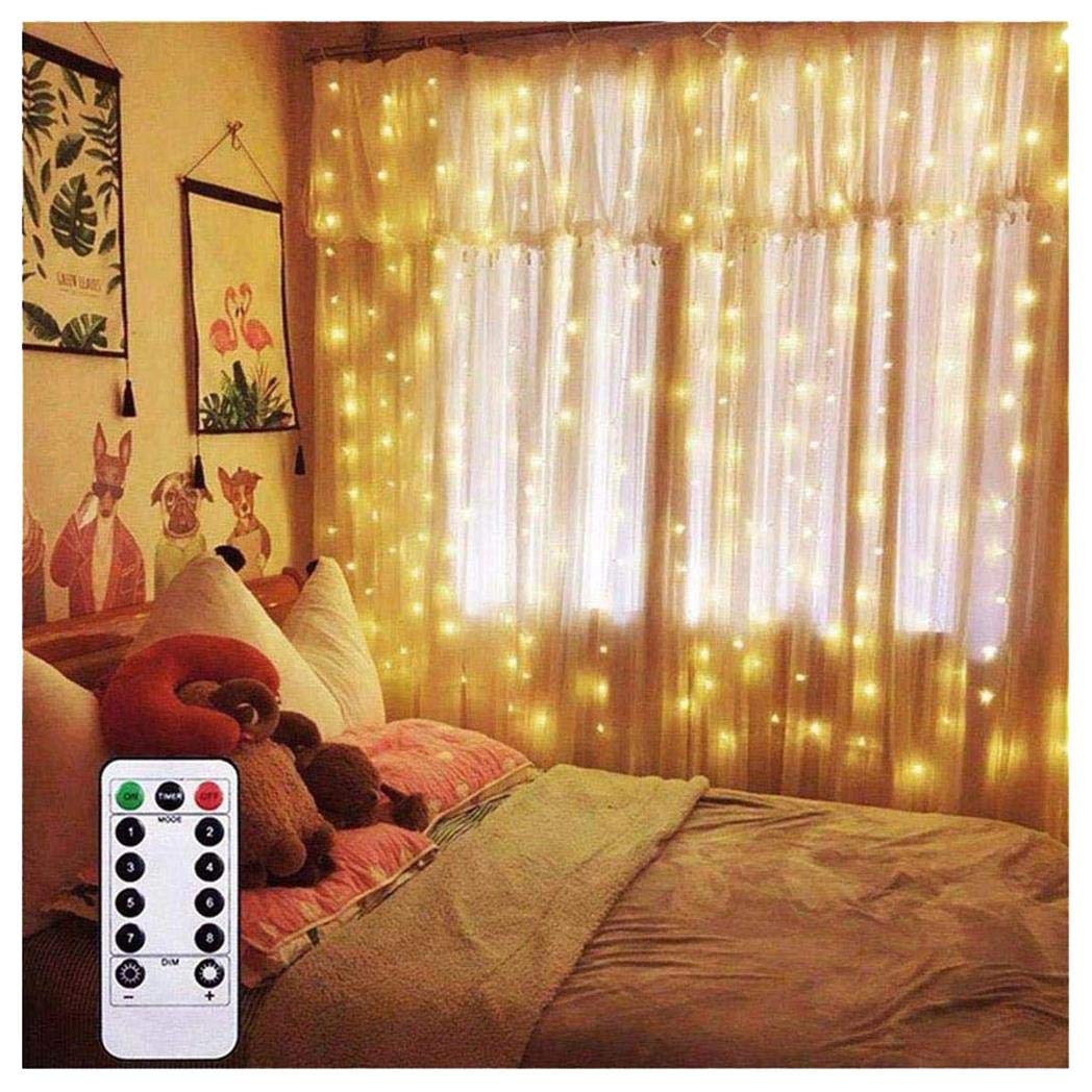 AMARS 6.5ft x 6.5ft Warm White LED Curtain Lights - Battery Operated Fairy String Lights with Remote, 8 Modes & Timer for Bedroom, Wedding, Party, Christmas Decor - Indoor/Outdoor Backdrop Lighting for Windows, Walls & Events