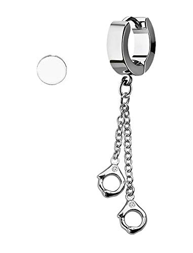 Silver Tone Stainless Steel Dangling Handcuffs Chain Huggie Hoop & Illusion Plug Stud Earrings - Perfect for Gothic, Punk, and Biker Fashion Styles
