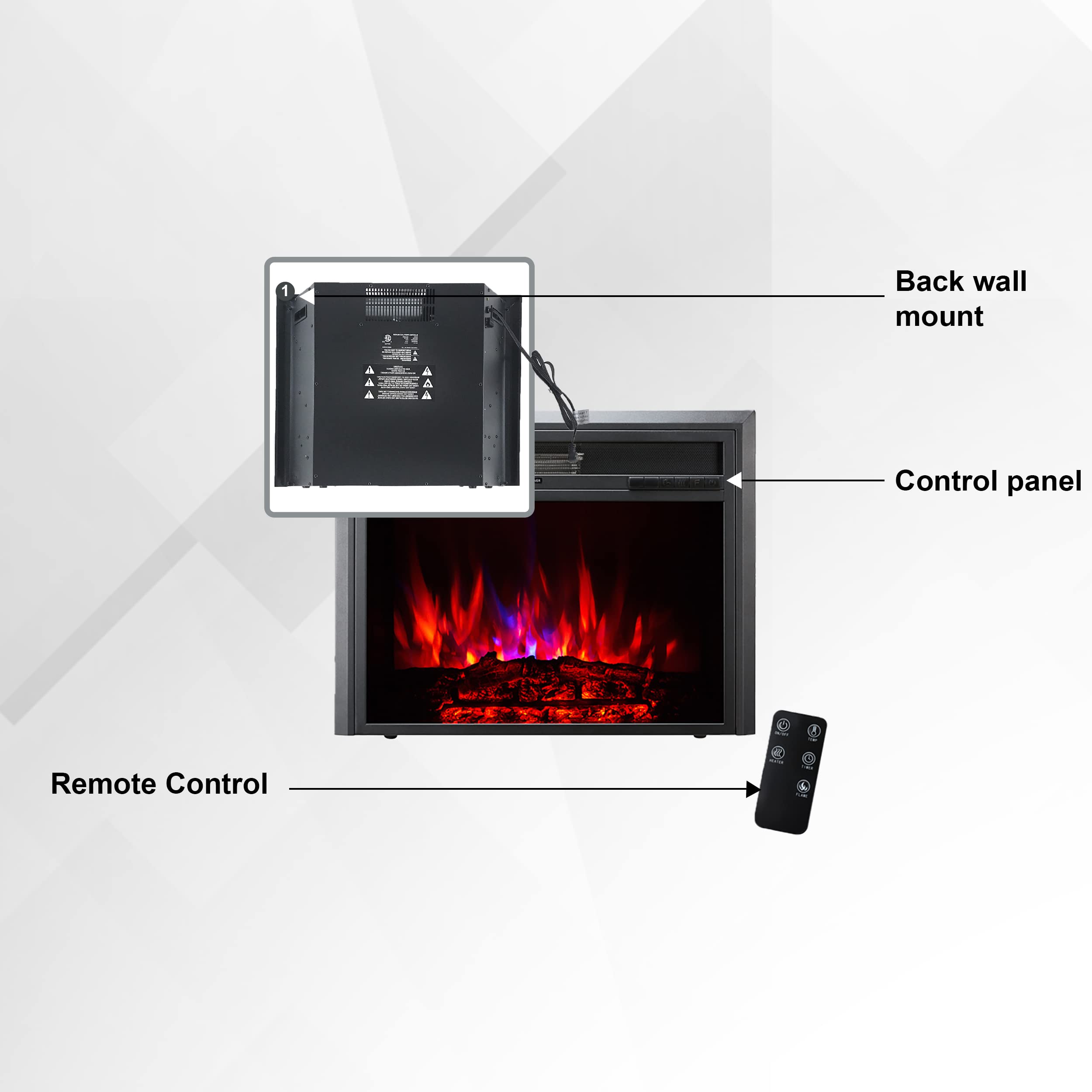 XBrand 32 Inch Electric Fireplace Heater with Remote Control - LED Realistic Flame Effect, Adjustable Thermostat & Overheat Protection - Modern Black Glass & Steel Design for Living Room, Bedroom & Office