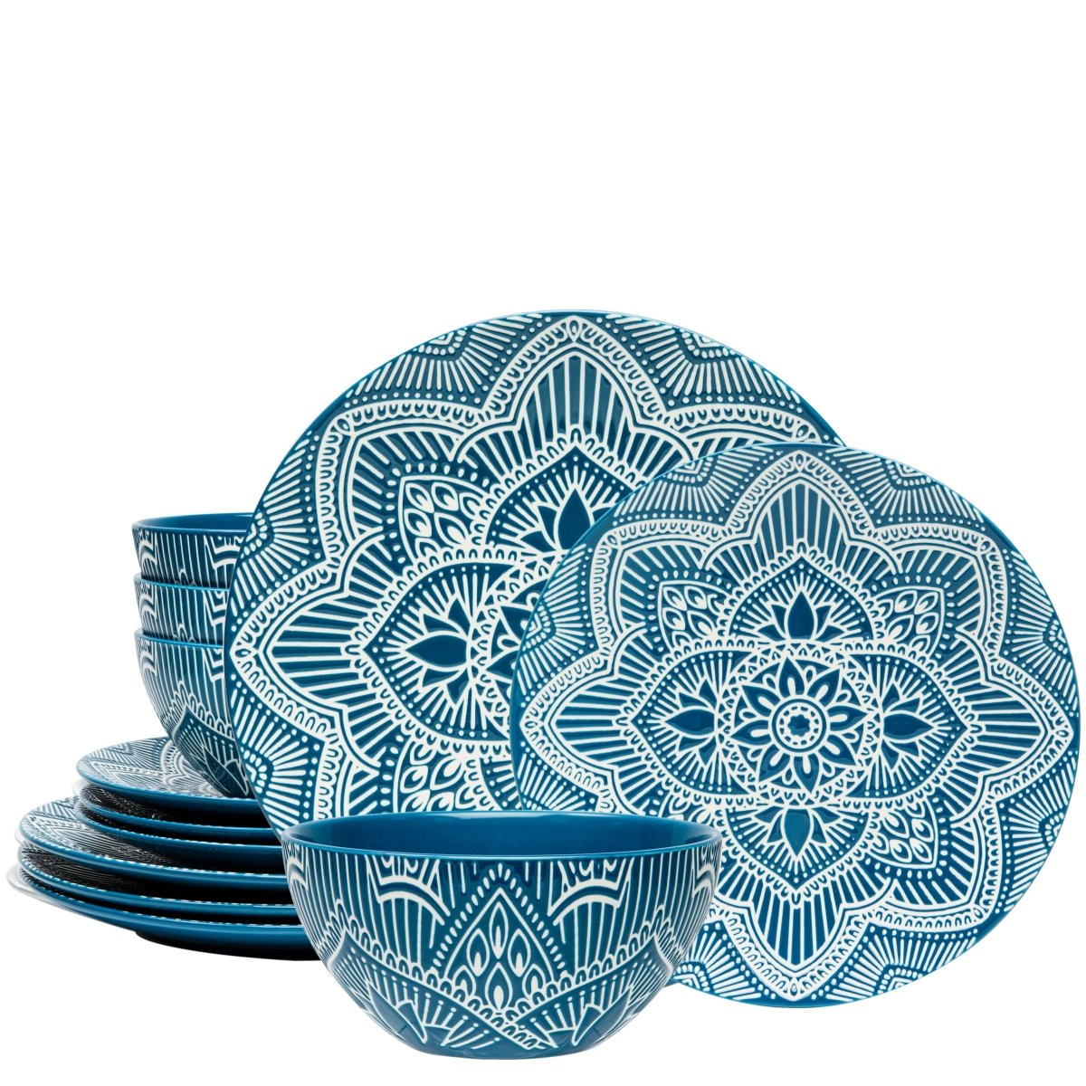 12-Piece Ceramic Dinnerware Set - Plates & Bowls with La La Mandala Blue Design for Everyday Dining, Parties & Home Decor