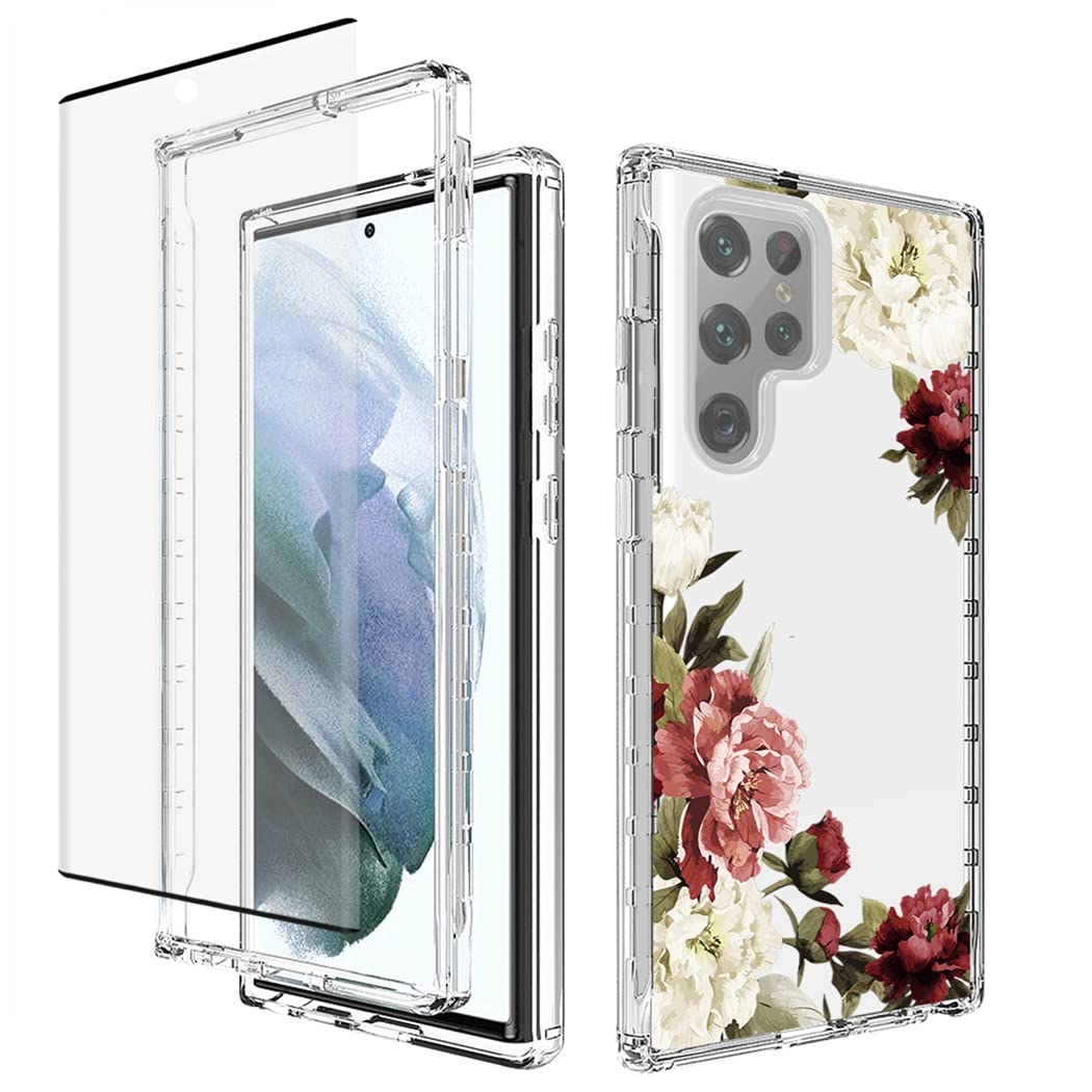 Premium Clear Floral Phone Case for Samsung Galaxy S22 Ultra 5G (SM-S908U) with Tempered Glass Screen Protector - Full Body Protective Cover for Women, Girls - Perfect for Everyday Use, Work & Travel