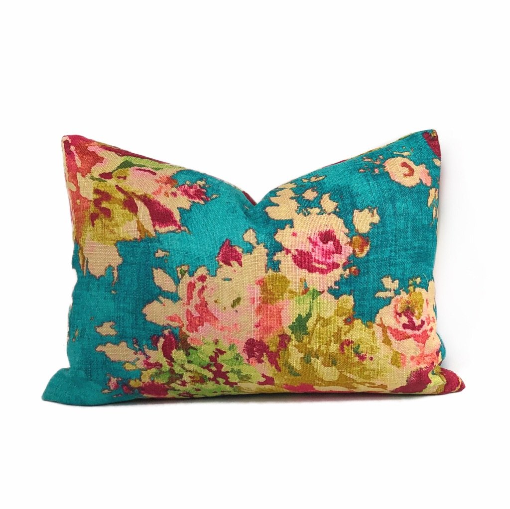 Turquoise Teal Aphrodite Floral Cotton Linen Pillow Cover - Bohemian Home Decor for Living Room, Bedroom, Sofa & Couch
