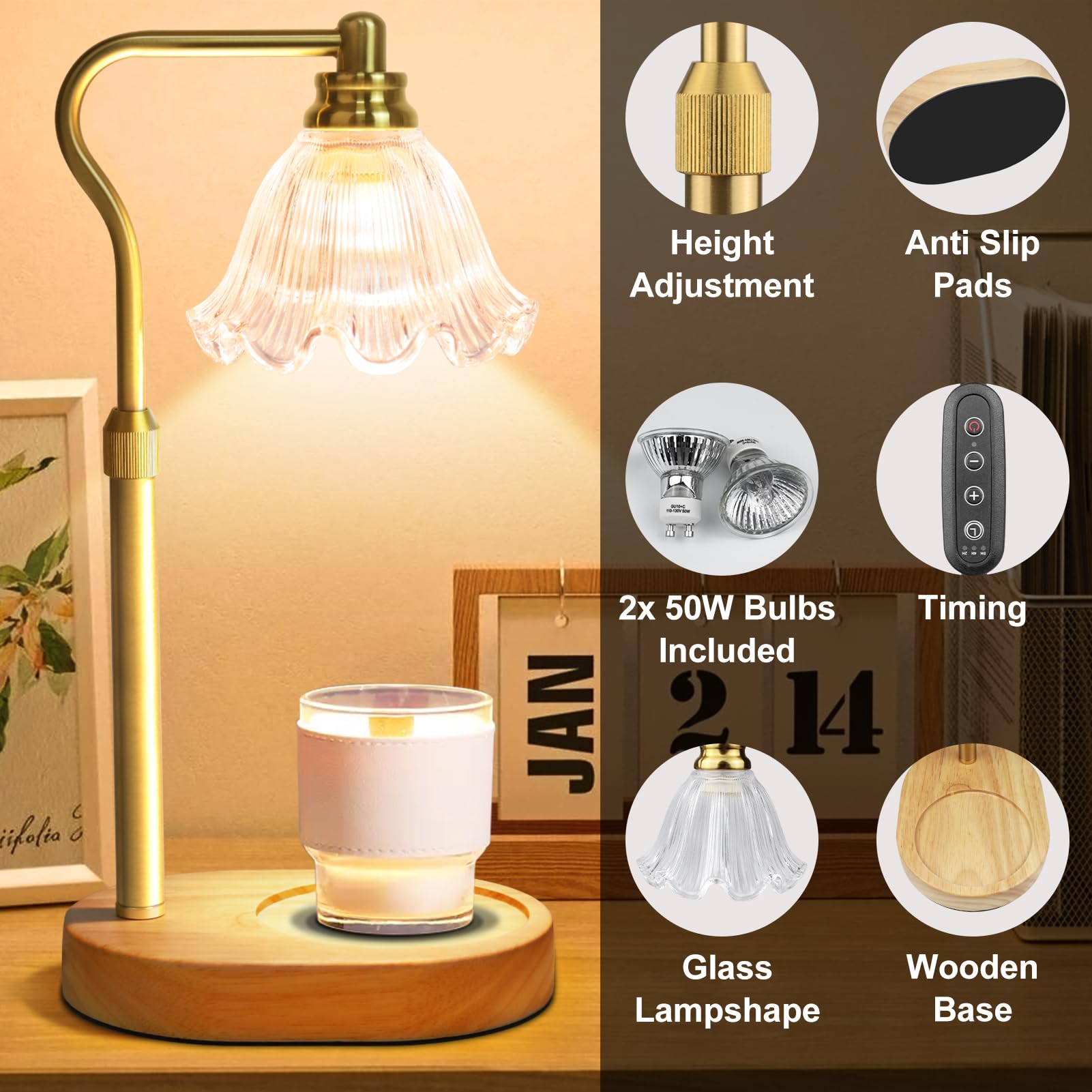 Electric Candle Warmer Lamp with Timer & Adjustable Height - Dimmable Wax Melt Warmer with 2 Bulbs for Scented Jar Candles | Home Decor, Aromatherapy & Mother's Day Gifts | Perfect for Living Room, Bedroom & Spa Relaxation
