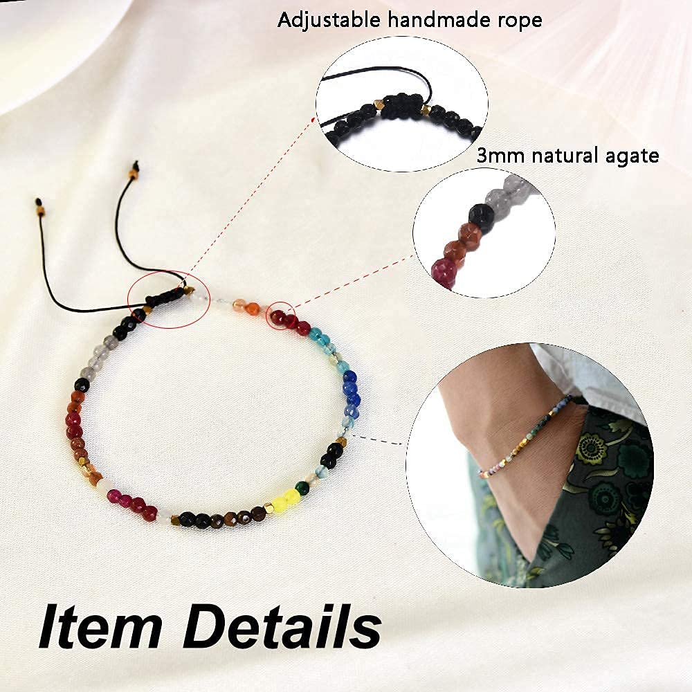Dainty Chakra Bracelet for Women - 3mm Agate Beads with 7 Chakras Healing Crystals, Bohemian 12 Constellation Meditation Bracelet | Spiritual Healing, Yoga Accessory, Mindful Gift for Her