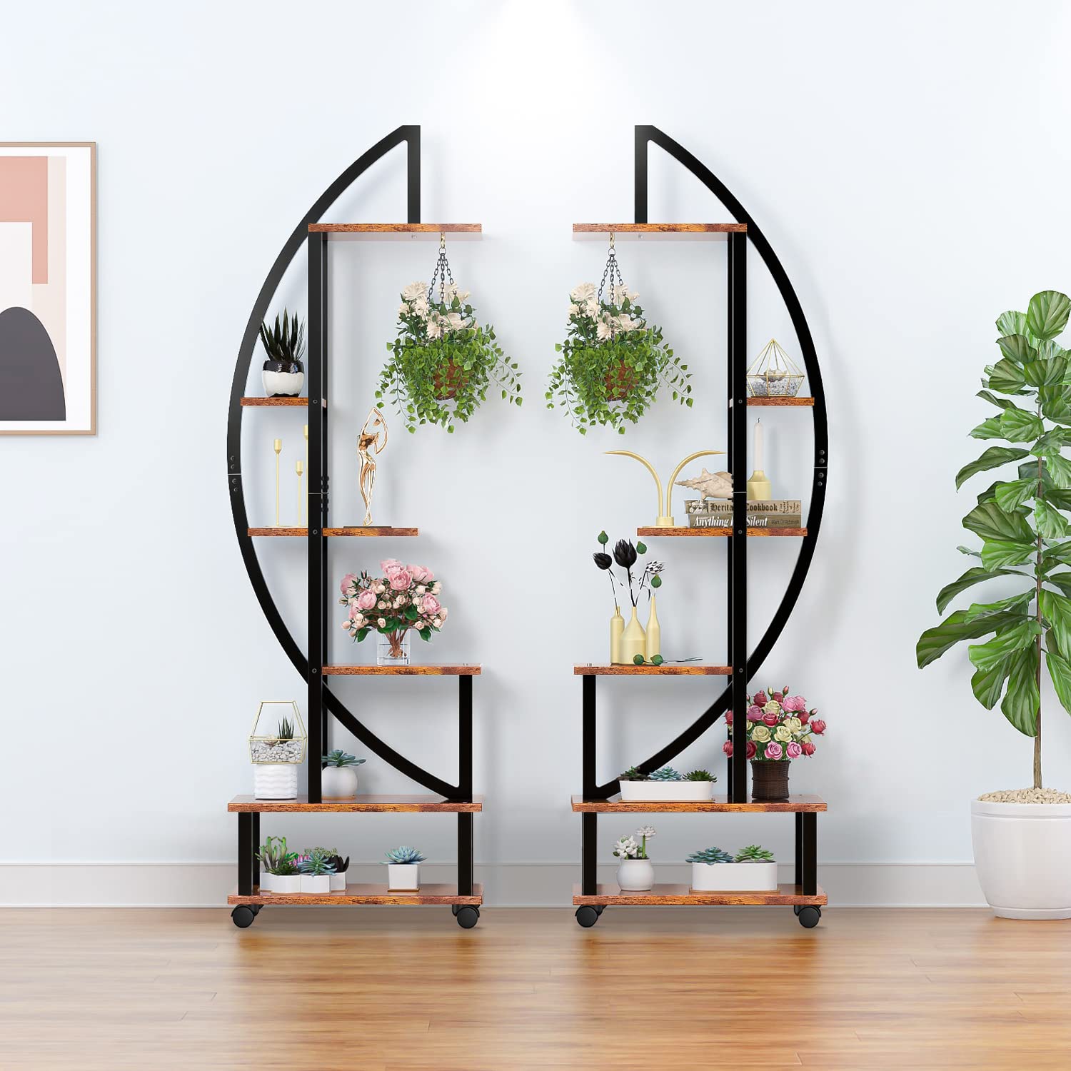 6-Tier Tall Metal Indoor Plant Stand with Hanging Loop - 2 Pack Half-Moon Shaped Plant Shelf for Home Decor, Balcony, Patio & Garden - Perfect for Displaying Succulents, Flowers & Herbs in Small Spaces