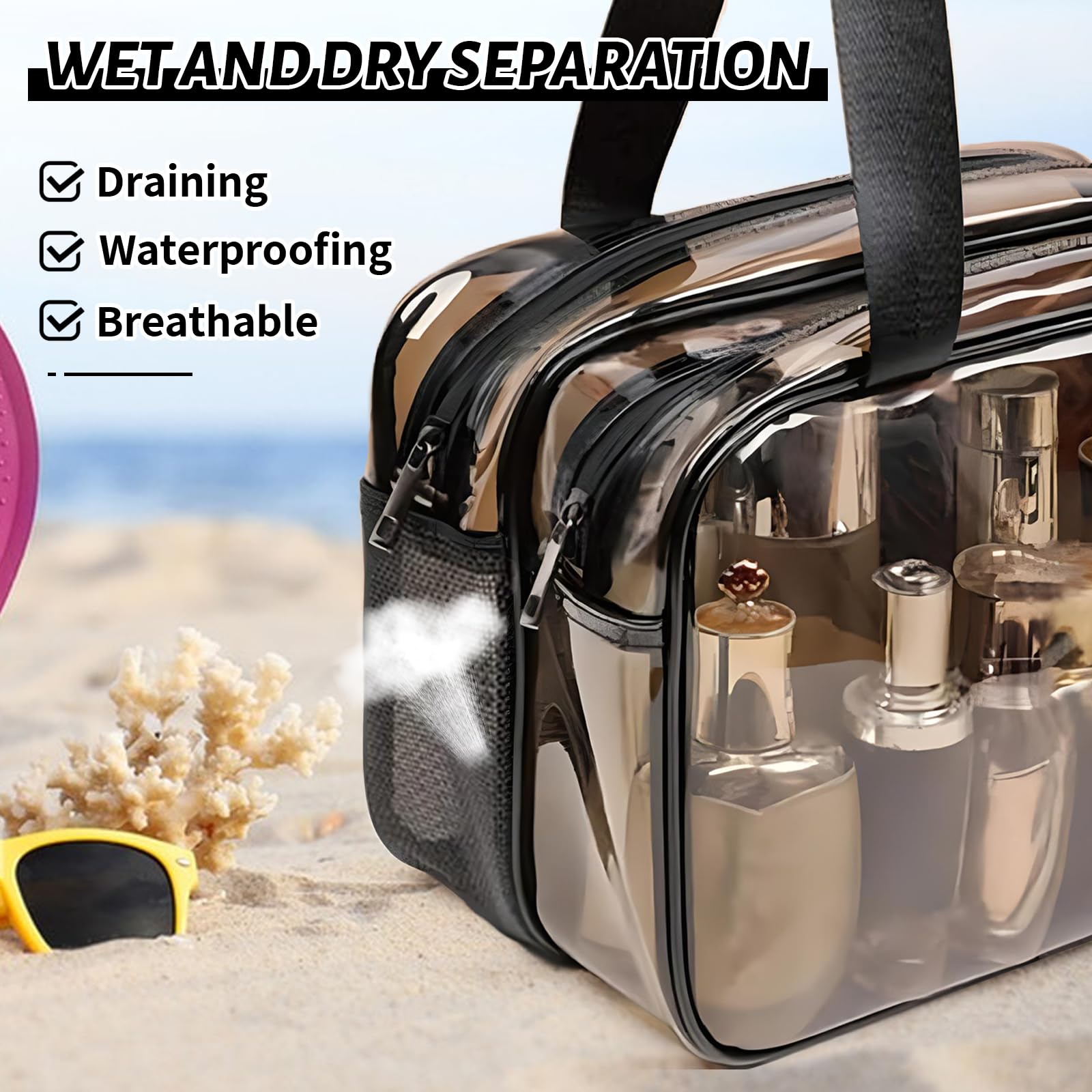 WEISIPU Large Waterproof Clear Travel Toiletry Bag - Transparent Makeup Organizer with Double Zipper - TSA Approved Carry-On Cosmetic Case for Men & Women (Stylish Black Trim) - Perfect for Air Travel, Gym & Weekend Getaways