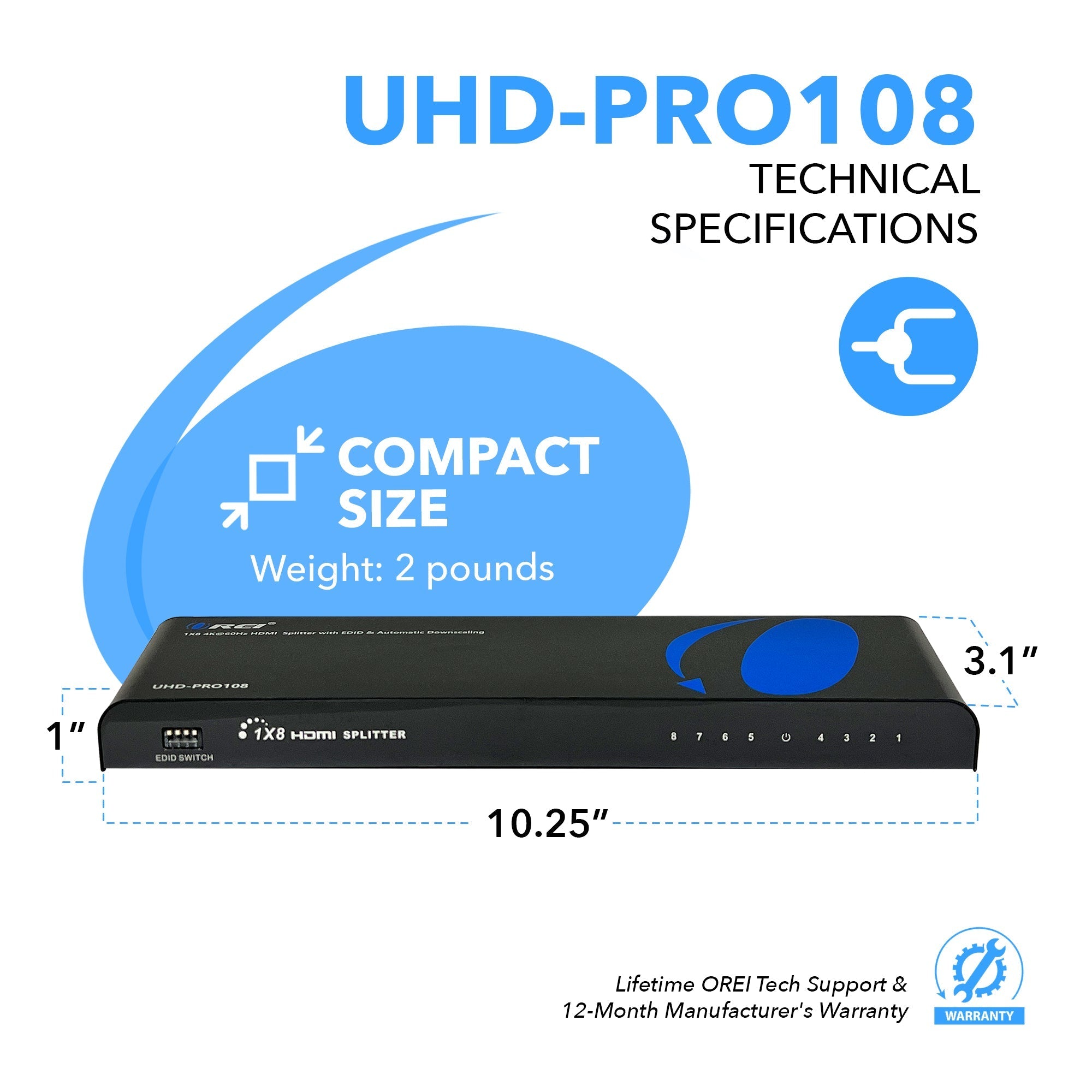 1x8 HDMI Splitter 4K 60Hz 1 Input 8 Outputs - Ultra HD 4K@60Hz, Auto Downscaling, EDID Management - Perfect for Home Theater, Gaming, and Multi-Screen Presentations (UHD PRO108)
