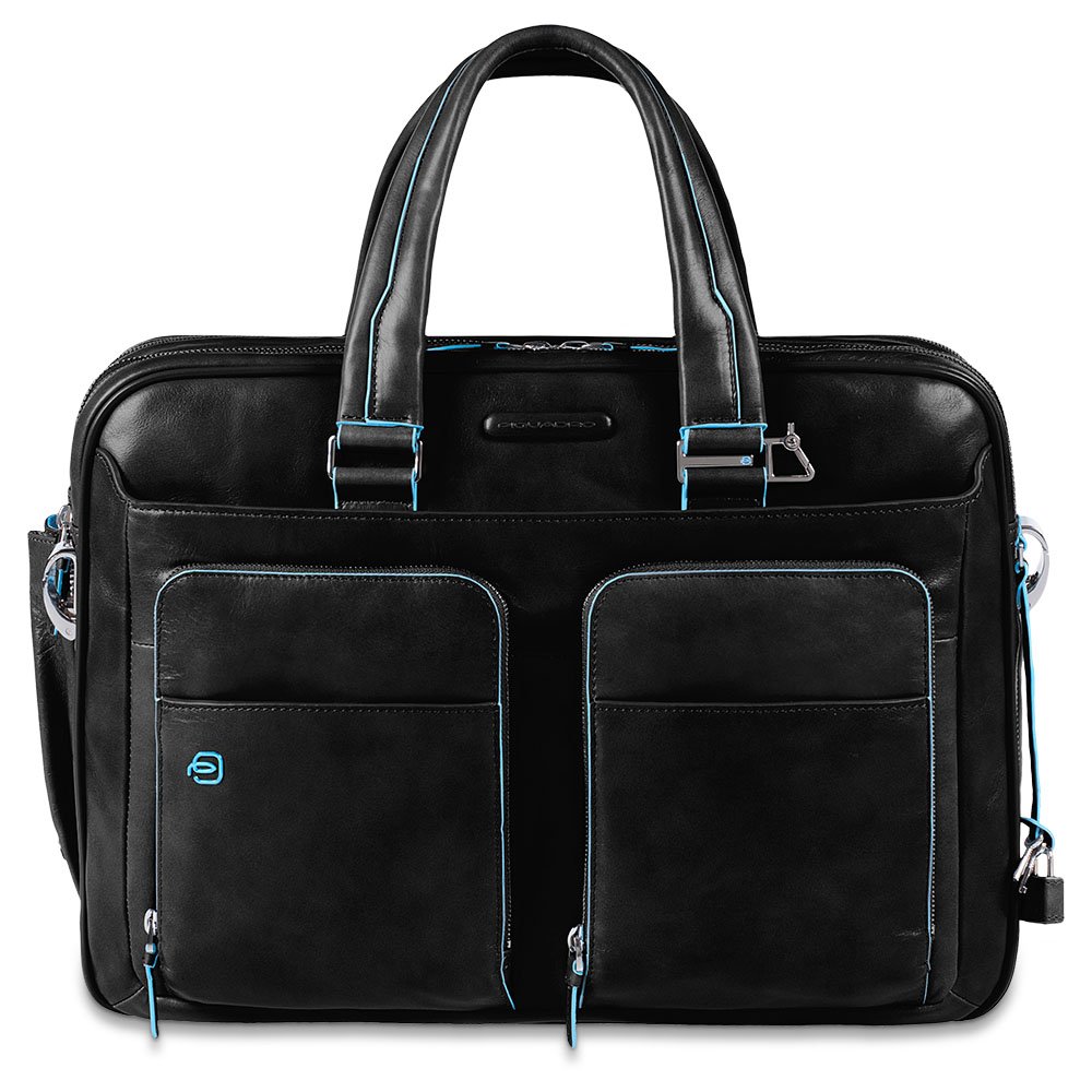 Piquadro Expandable Laptop Briefcase for Men & Women - Water-Resistant Business Computer Bag with iPad Air Holder, Umbrella Pocket, Multiple Compartments - Perfect for Office, Travel & Commuting - Black