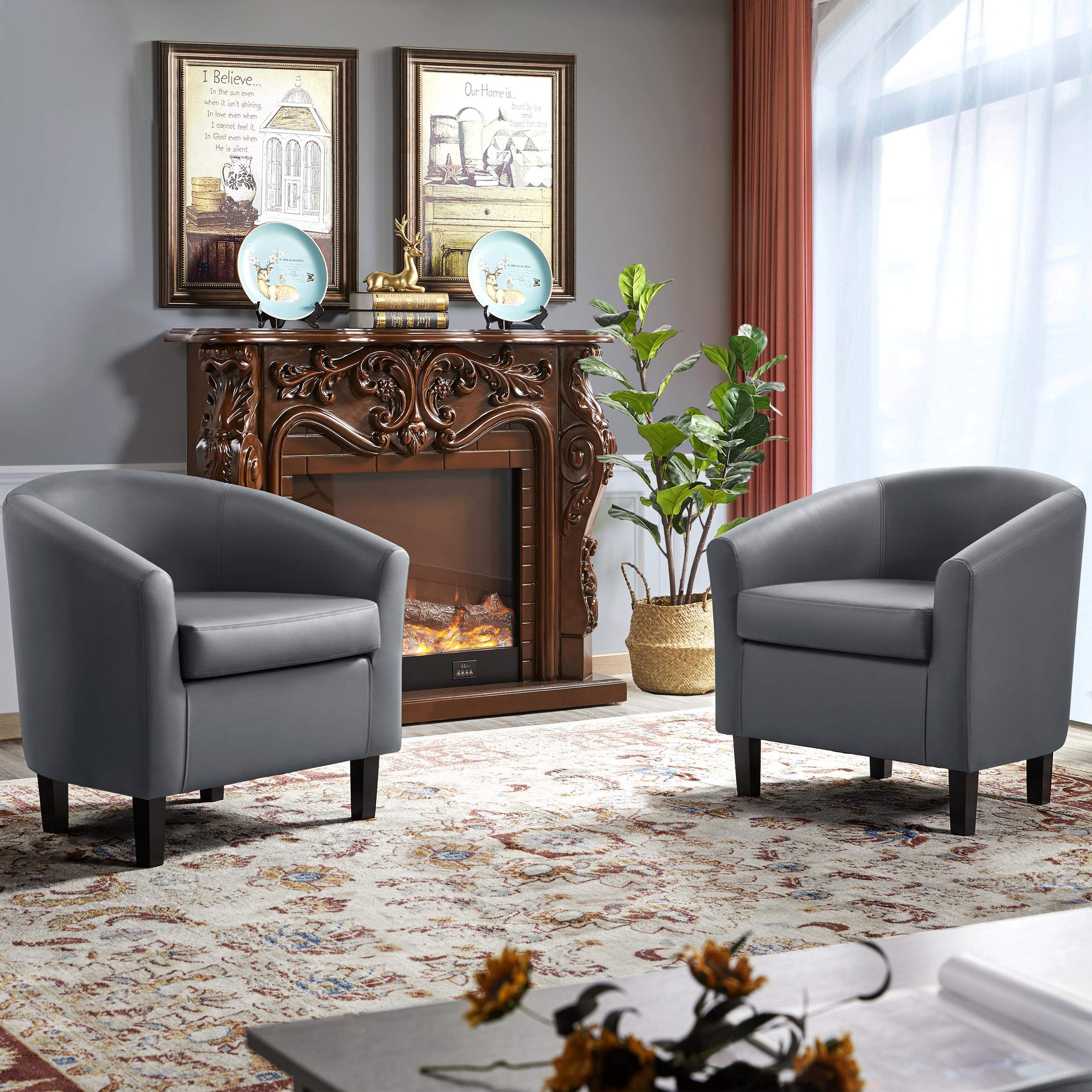 Yaheetech 2-Pack Gray Faux Leather Barrel Chairs - Modern Club Chairs with Sturdy Wood Legs for Living Room, Bedroom, Office - Comfortable Accent Seating for Home, Reading Nook & Waiting Areas