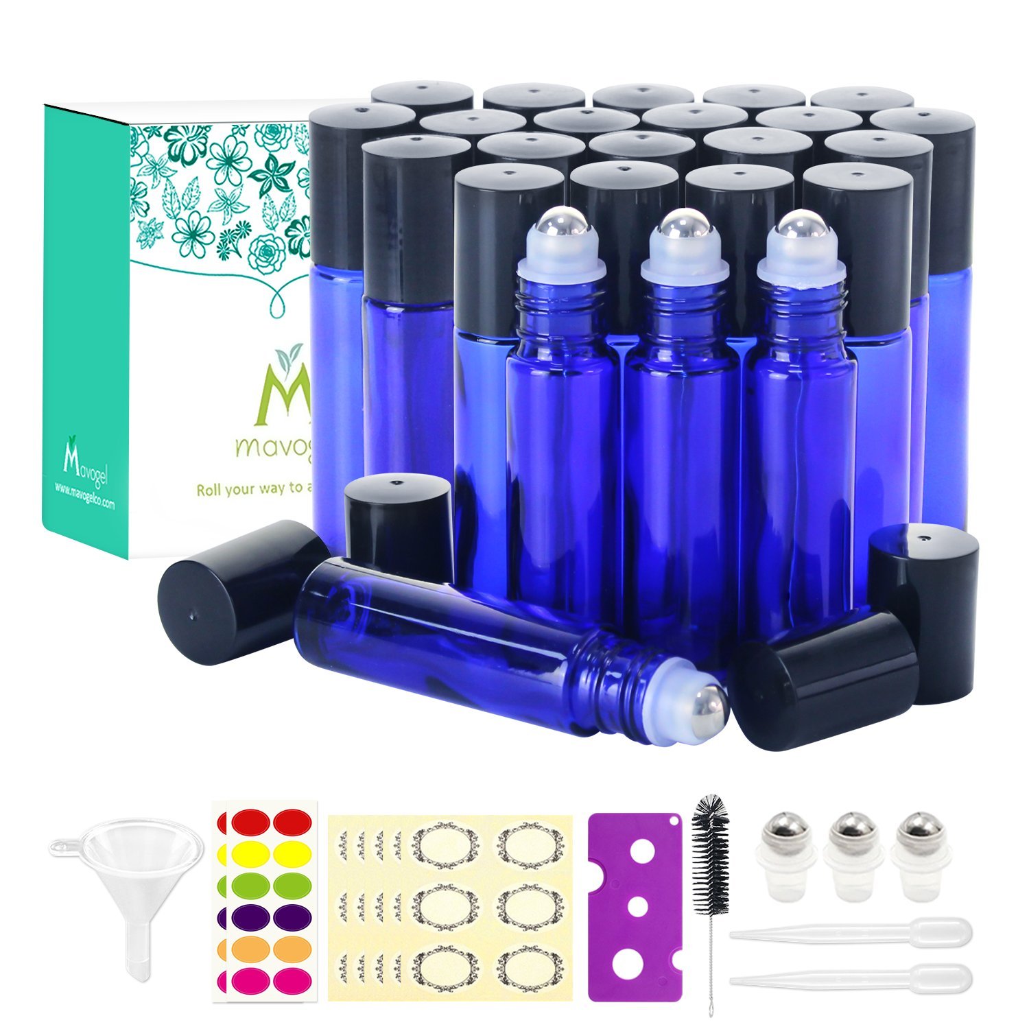 Mavogel 24 Pack 10ml Essential Oil Roller Bottles - Cobalt Blue Glass Bottles with Stainless Steel Roller Balls (Includes 3 Extra Roller Balls, 54 Labels, Opener, Funnel, Dropper & Brush) for Aromatherapy, DIY Blends & Travel Essentials