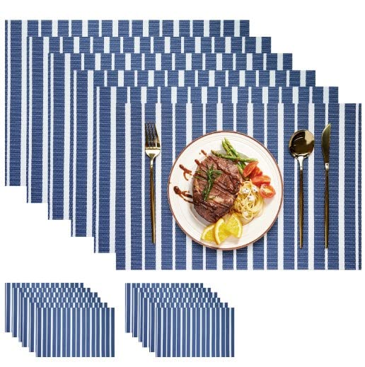 JJ Placemats Set of 12 - Non-Slip Washable PVC Heat Resistant Table Mats for Dining Table - Blue Stripe Design - Perfect for Home, Restaurant, and Party Use