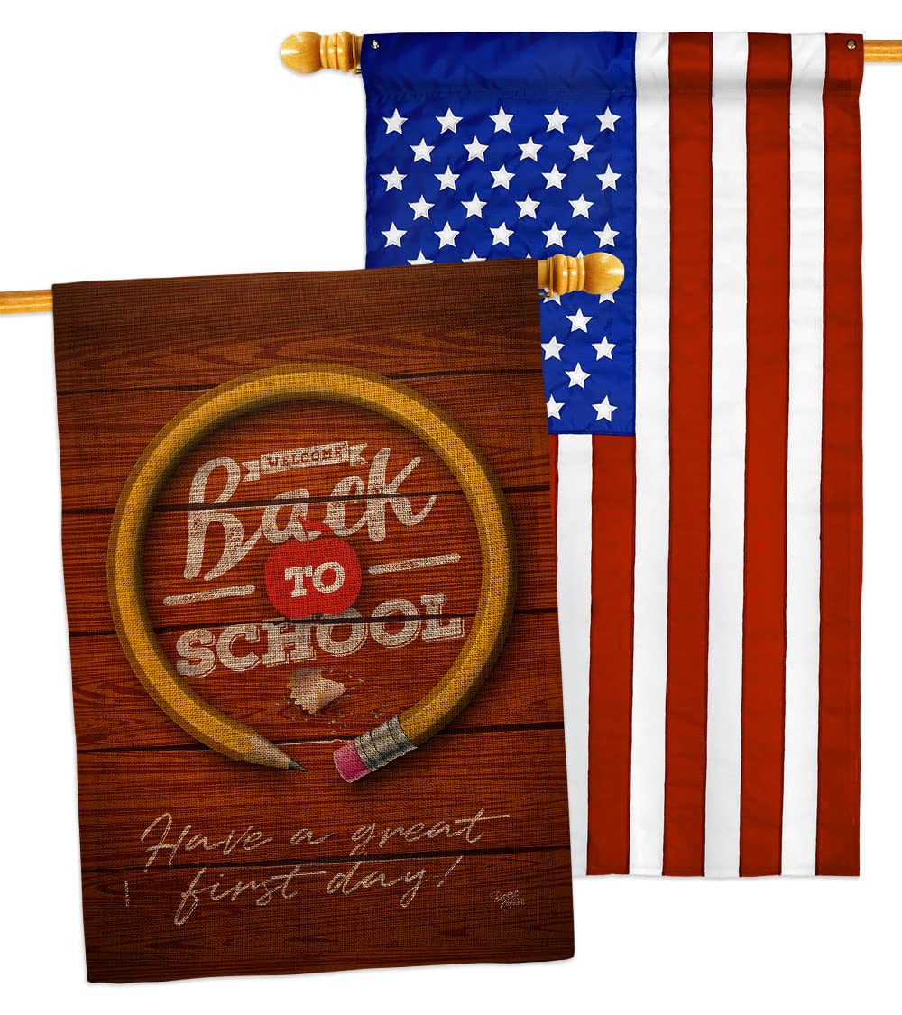 Breeze Decor First Day of School Burlap House Flag - Double-Sided Back to School Banner for Teachers & Students - Made in USA - Perfect for Classroom Decor, Yard Signs, and Teacher Appreciation Gifts