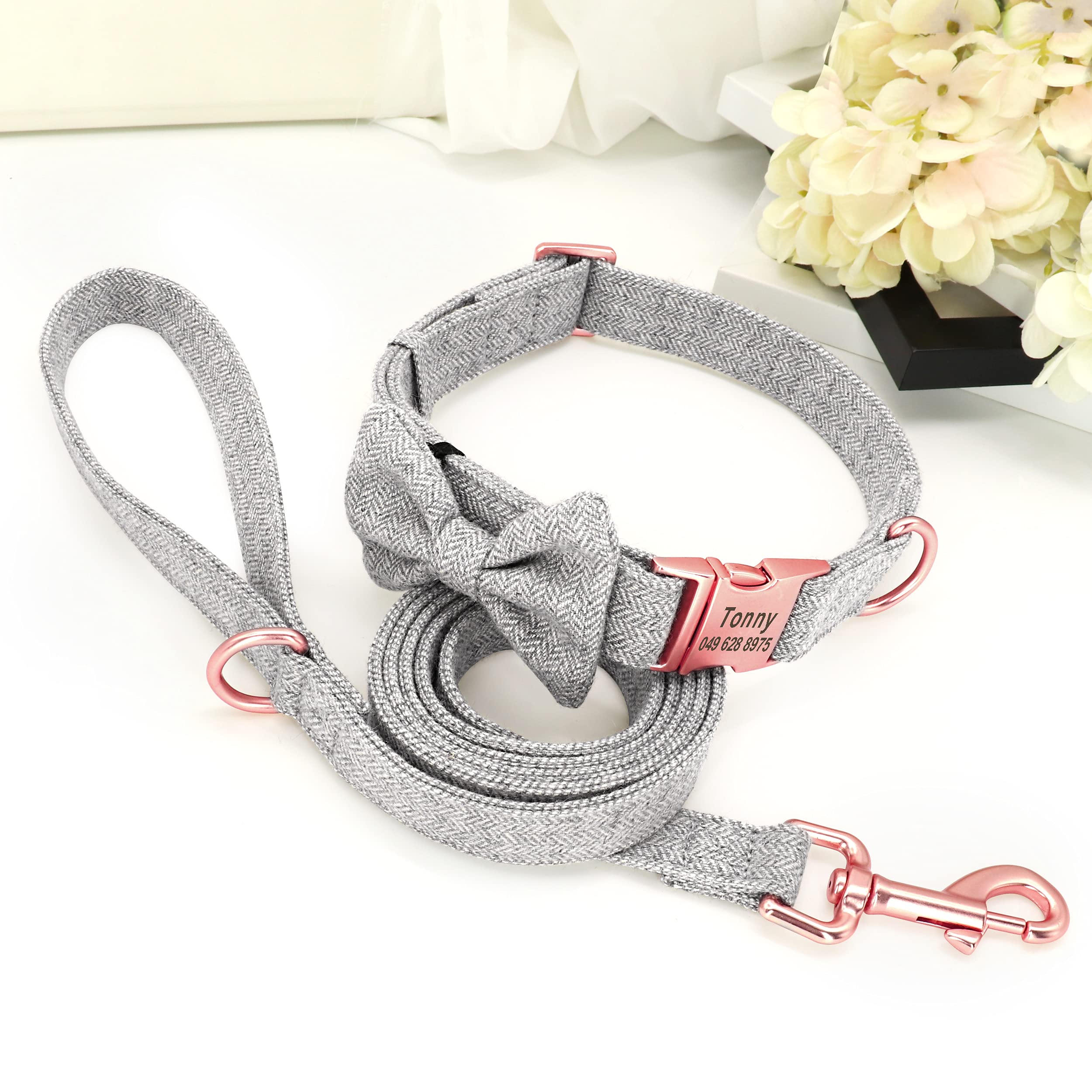 Personalized Pet Dog Collars with Detachable Bowtie - Soft & Comfortable Cute Dog Collar and Leash Set with Rose Gold Buckle - Adjustable Bowtie Collars for Small Medium Large Dogs, Gray - Perfect for Daily Walks, Pet Grooming & Special Occasions