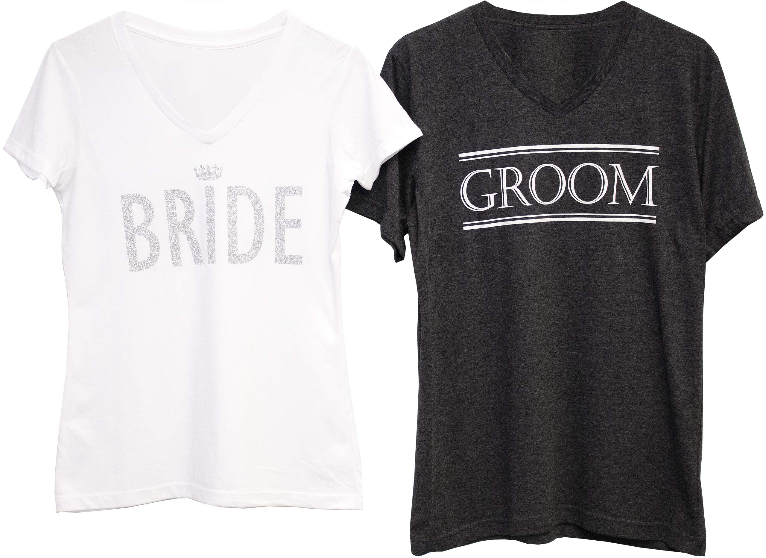 NoBull Women's Bride & Groom Matching Couple T-Shirts - White with Silver & Gray Print - Wedding Party Outfits, Engagement Photoshoot, Bachelorette Party Apparel