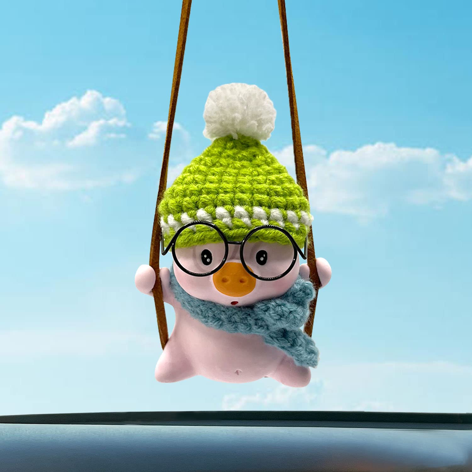 Cute Crochet Swinging Pig Car Hanging Ornament - Green Rear View Mirror Accessories for Women & Men | Fun Car Decor Pendant for Mirror & Dashboard