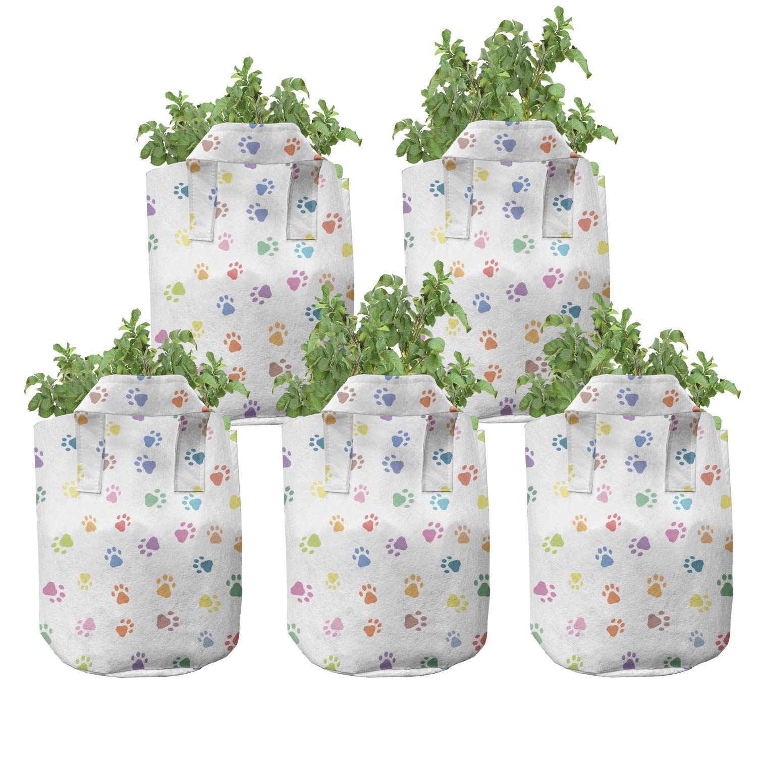 Ambesonne 5-Pack 7 Gallon Heavy Duty Fabric Grow Bags with Handles - Cat Paw Print Design for Indoor/Outdoor Plants, Flowers, Vegetables - Durable Plant Pots for Gardening, Balcony & Patio Decor