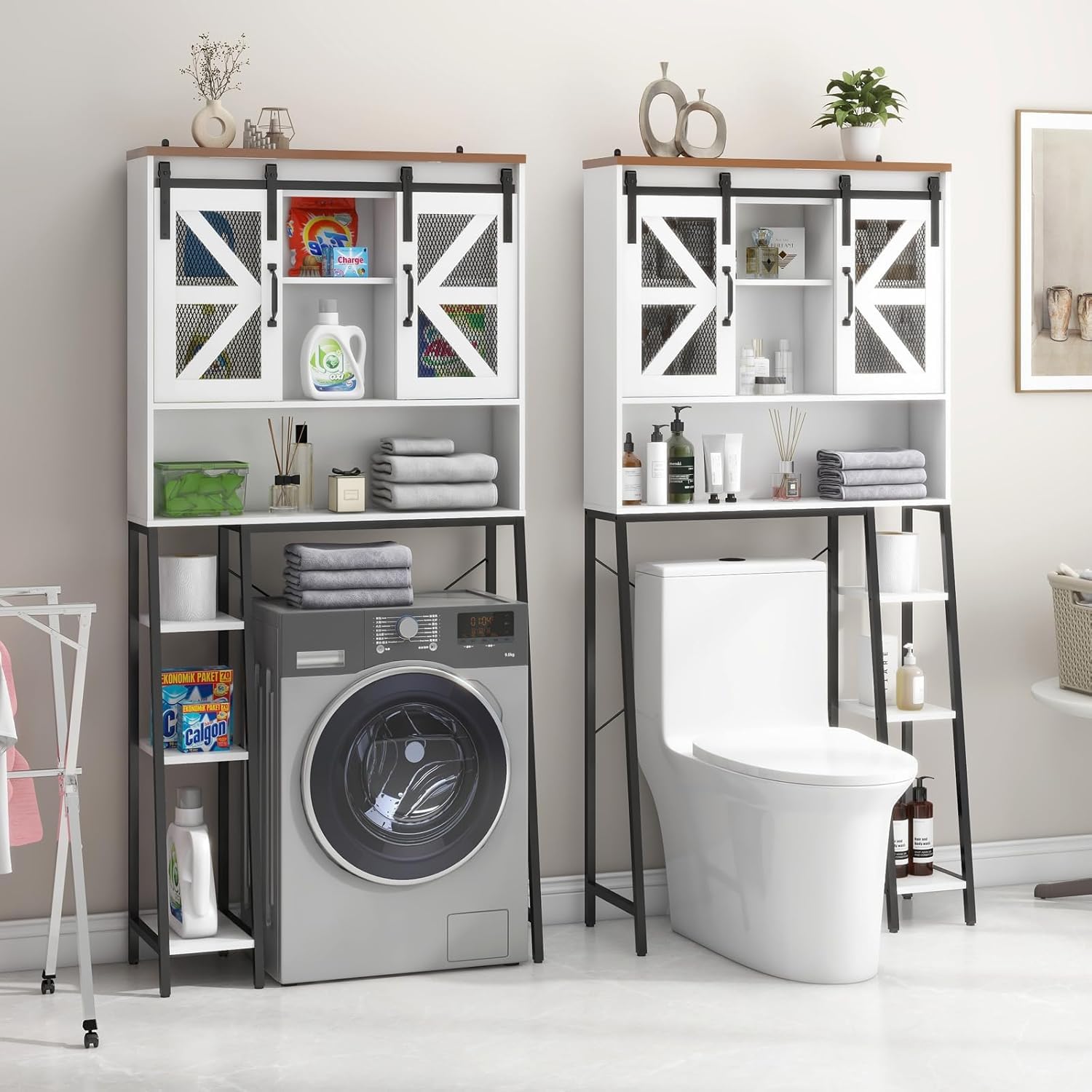 Farmhouse Over The Toilet Storage Cabinet with 2 Sliding Barn Doors - White Bathroom Space Saver for Toilet Paper, Towels & Essentials - Perfect for Small Bathrooms, Restrooms & Laundry Rooms