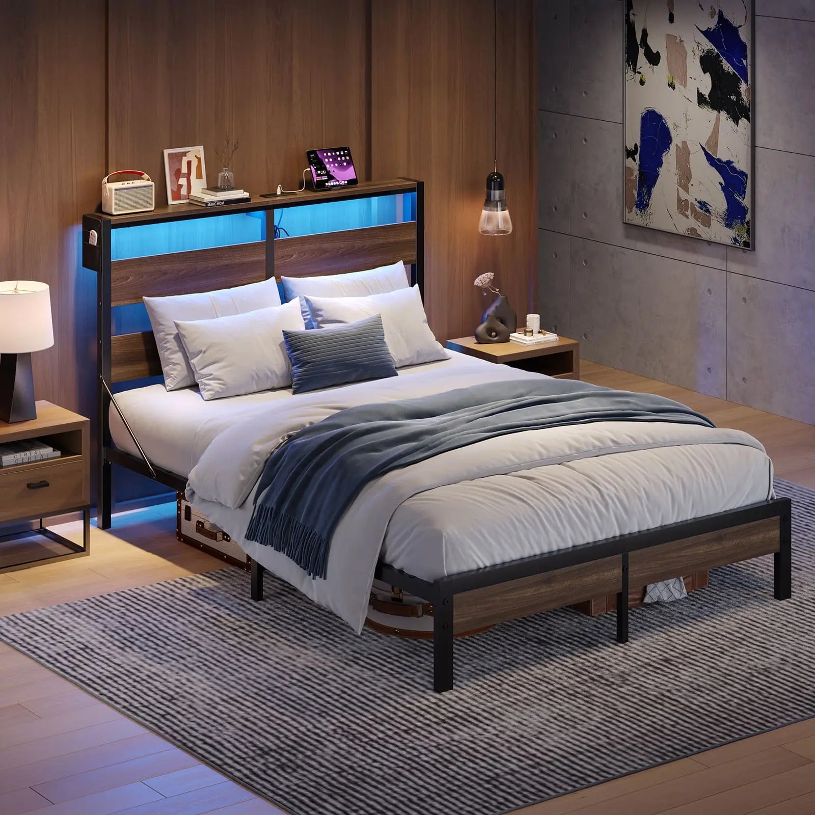 Bestier Queen Bed Frame with Storage Headboard & USB Charging Station - Modern Platform Bed with Underbed Storage for Small Spaces, Bedroom Organization & Phone Charging Convenience