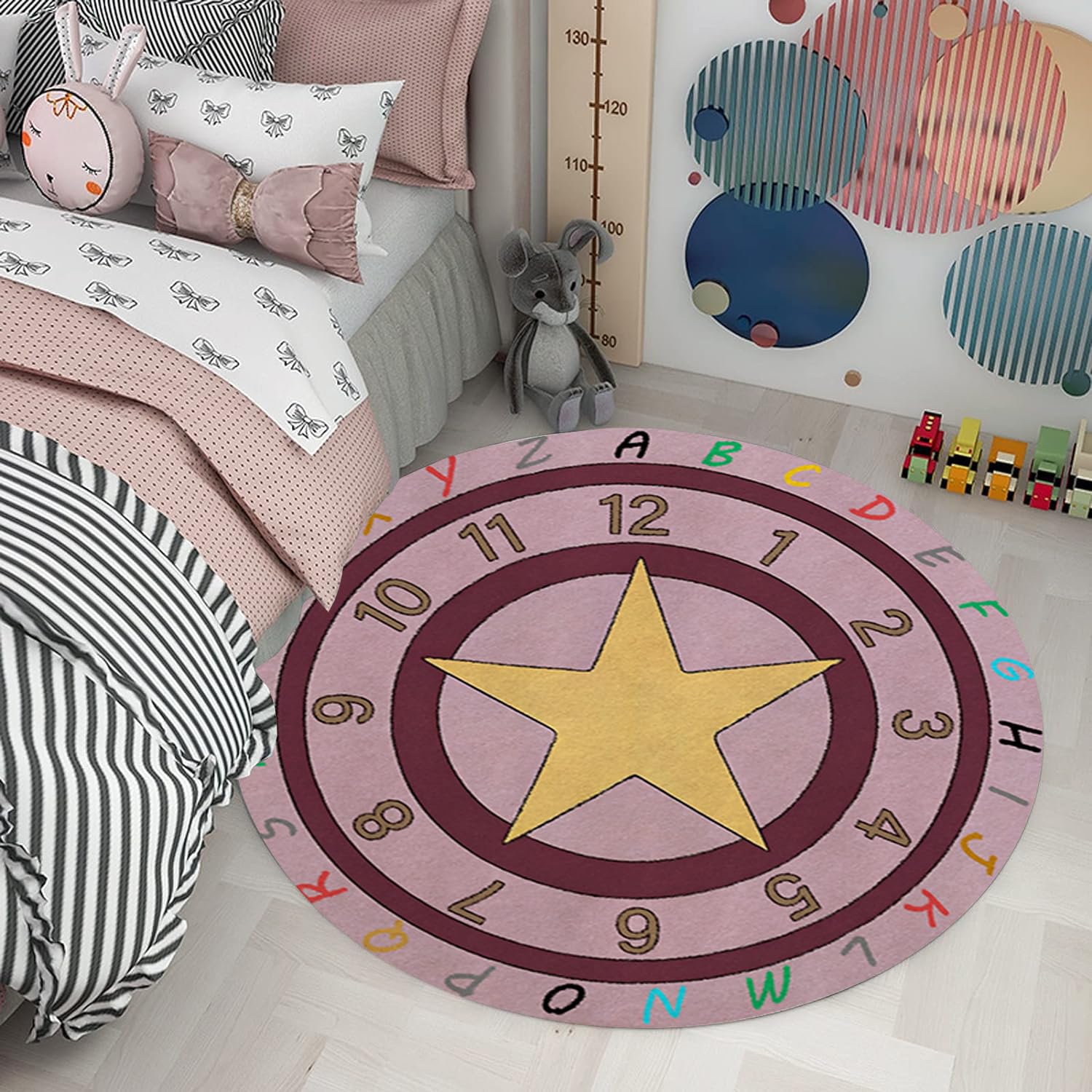 ABC Alphabet Kids Round Rug 6ft - Soft Non-Slip Washable Nursery Play Mat | Faux Wool Baby Crawling Mat for Classroom, Daycare, Nursery, Boys & Girls Bedroom | Perfect for Learning, Playtime & Toddler Safe Floor Covering