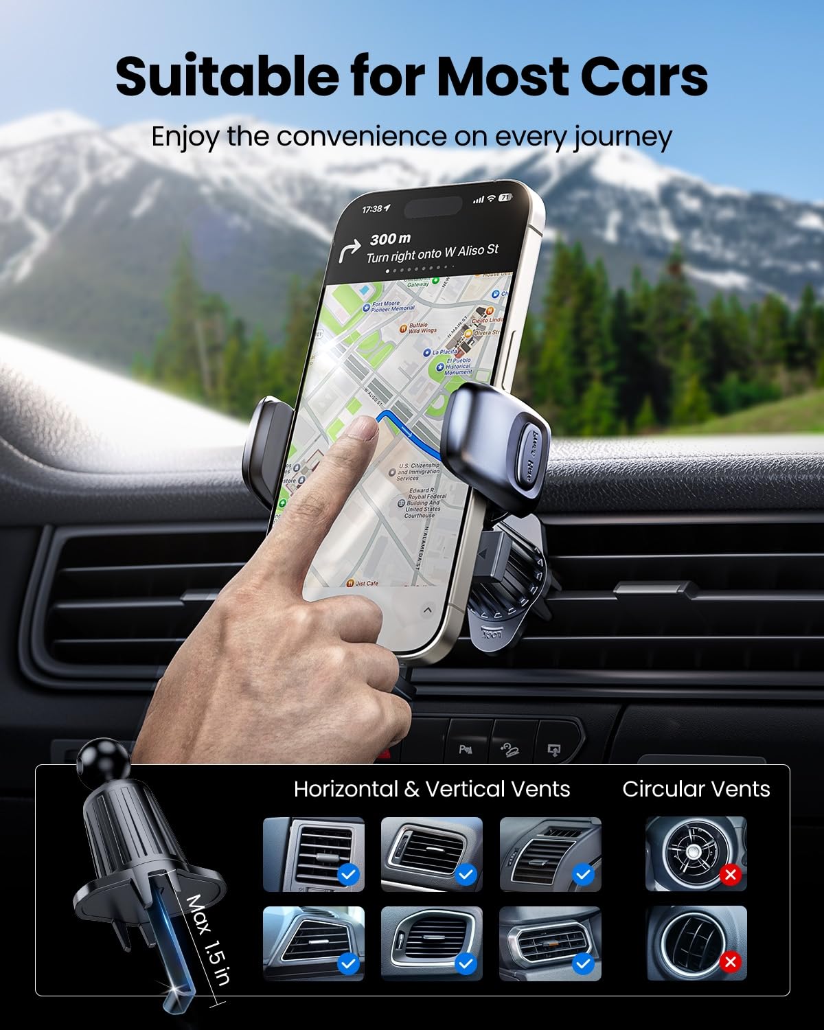 REEVAA Universal Car Phone Holder - Upgraded Metal Hook & Ultra Stable Air Vent Mount for iPhone 16/15/14/13/12 Pro Max & Samsung Galaxy S24/S25 Ultra - Secure Deep Clamp Design | Perfect for Commuting, Road Trips & GPS Navigation
