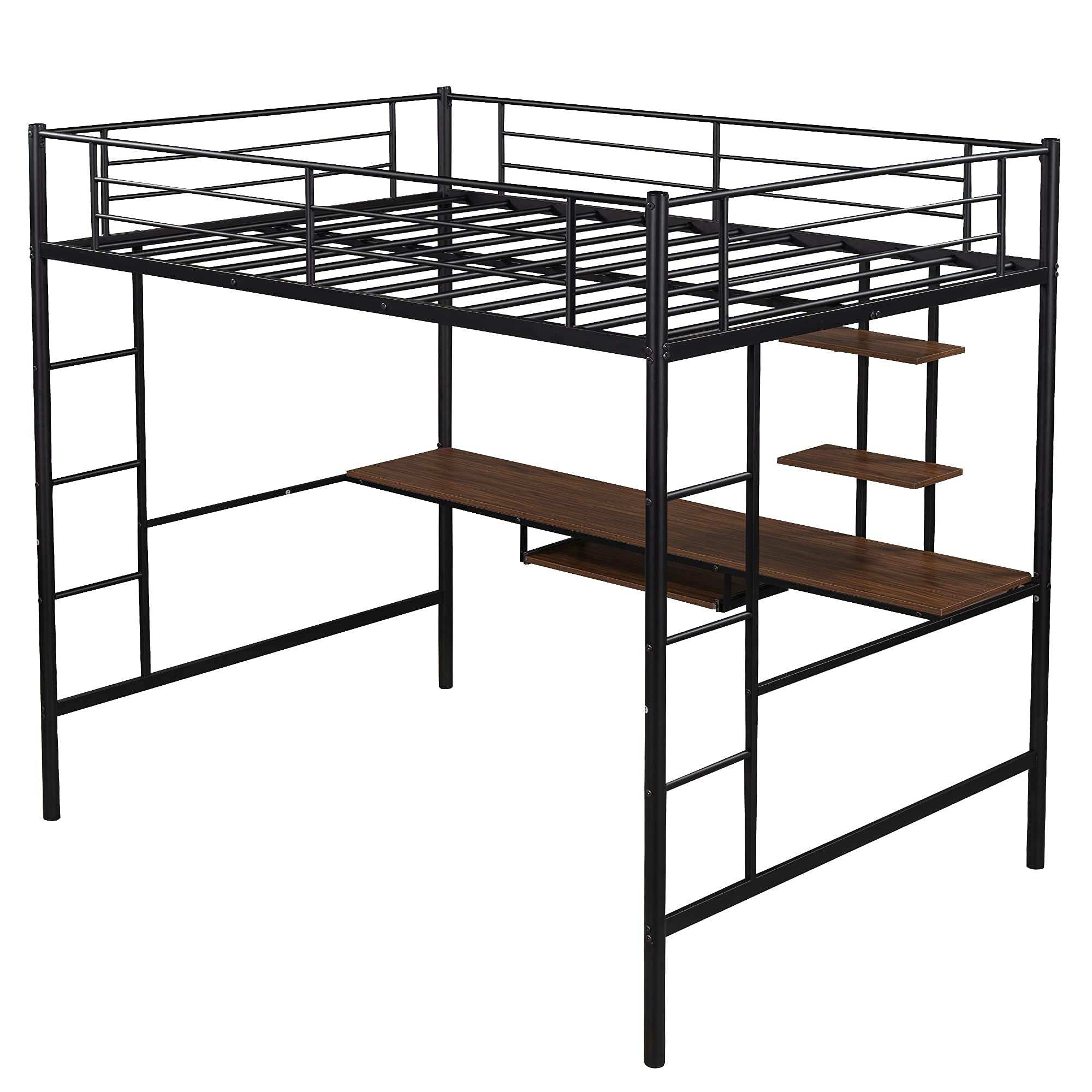 RUNNA Full Size Loft Bed for Kids & Teens - Sturdy Metal Bunk Bed with Built-in Study Desk, Shelves & Keyboard Tray - Space Saving Furniture for Small Rooms - Perfect for Dorm, Bedroom or Apartment