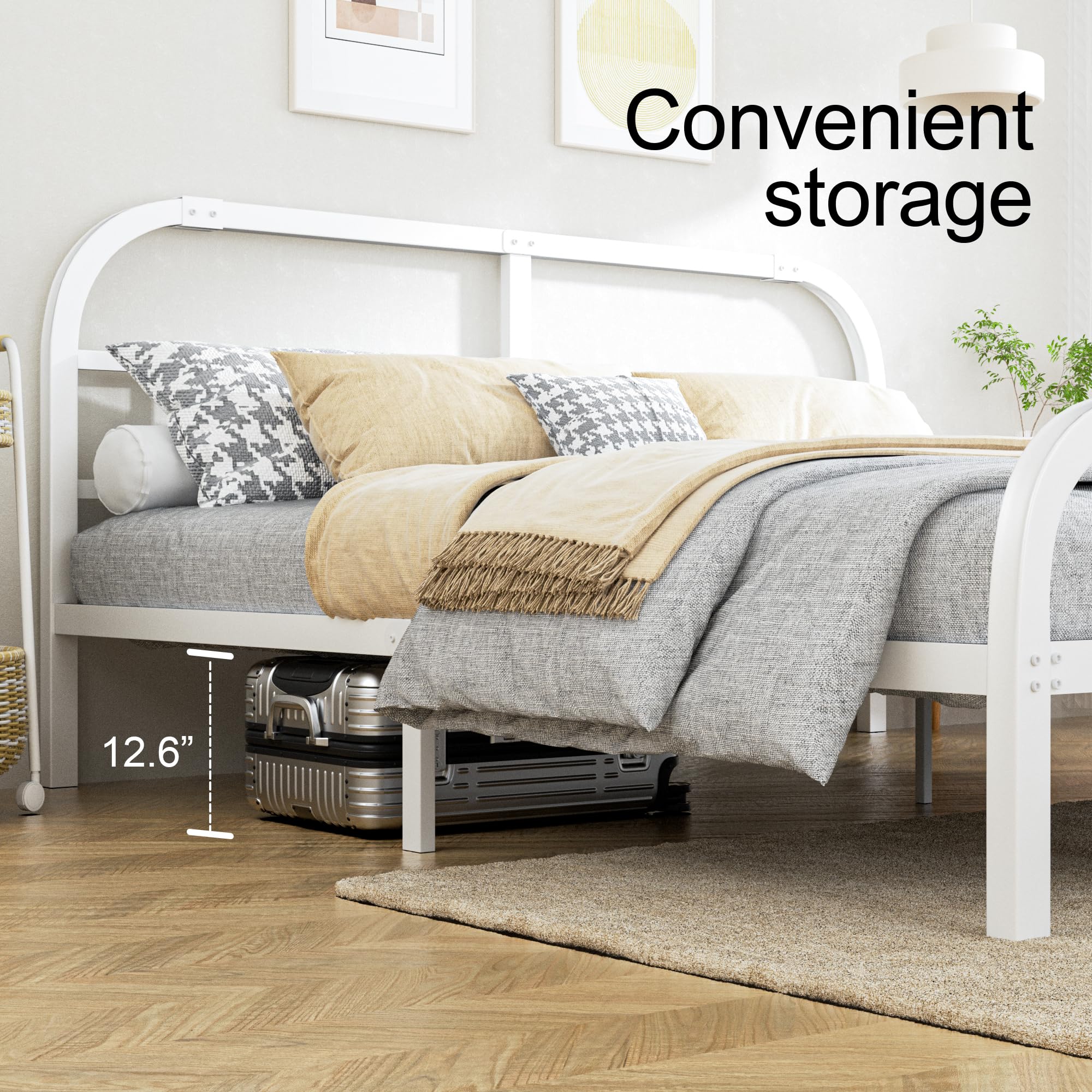 ONEMO 14 Inch California King Bed Frame with Headboard & Footboard - Heavy Duty Metal Platform Bed Frame with Sturdy Steel Support for 2000lbs - Quiet Anti-Slip Mattress Foundation in White - Perfect for Master Bedroom, Guest Room & Dormitory