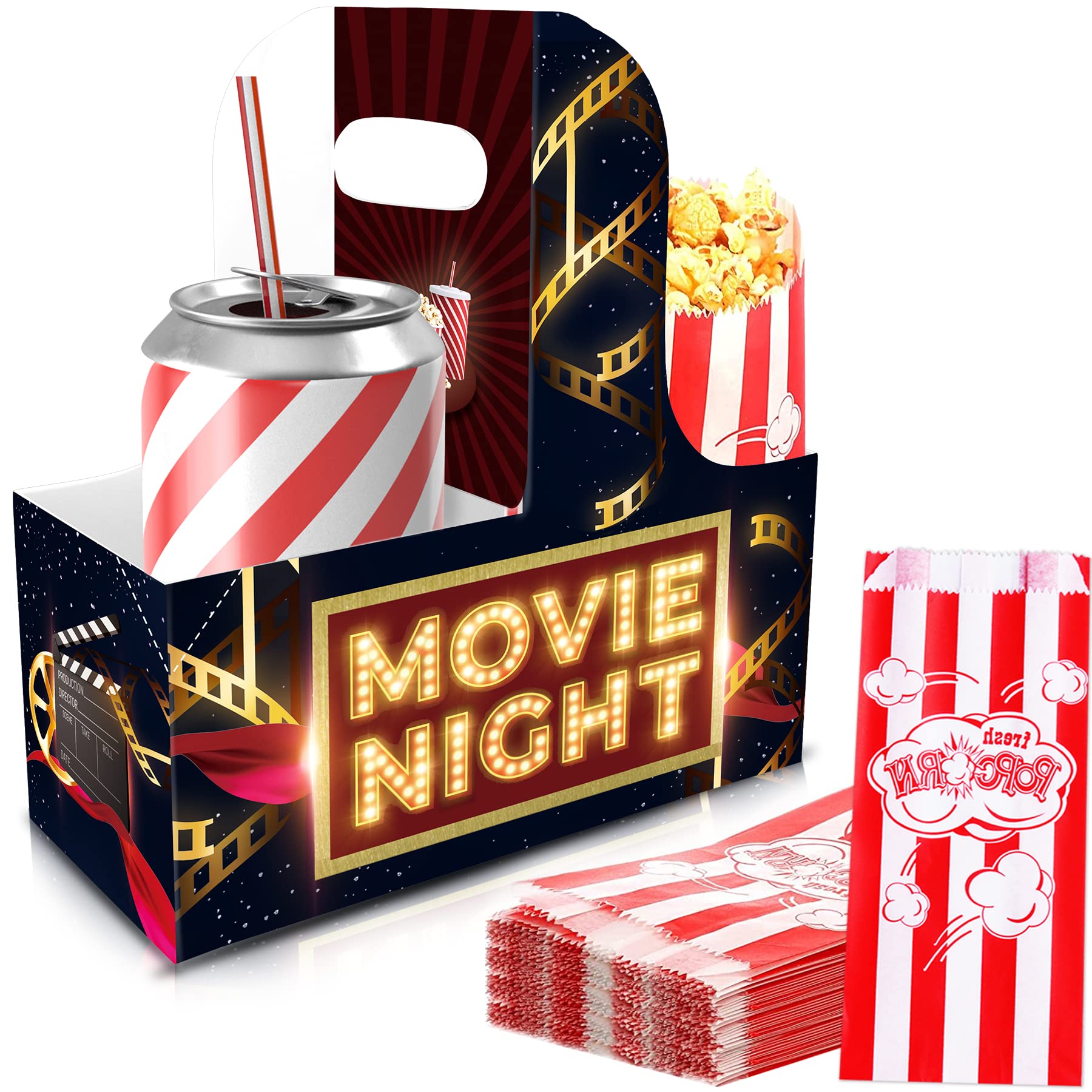 10-Piece Movie Night Snack Tray Set with Handles - Disposable Popcorn Bags & Drink Carrier Combo for Cinema, Theater Parties, Home Movie Nights, and Family Gatherings