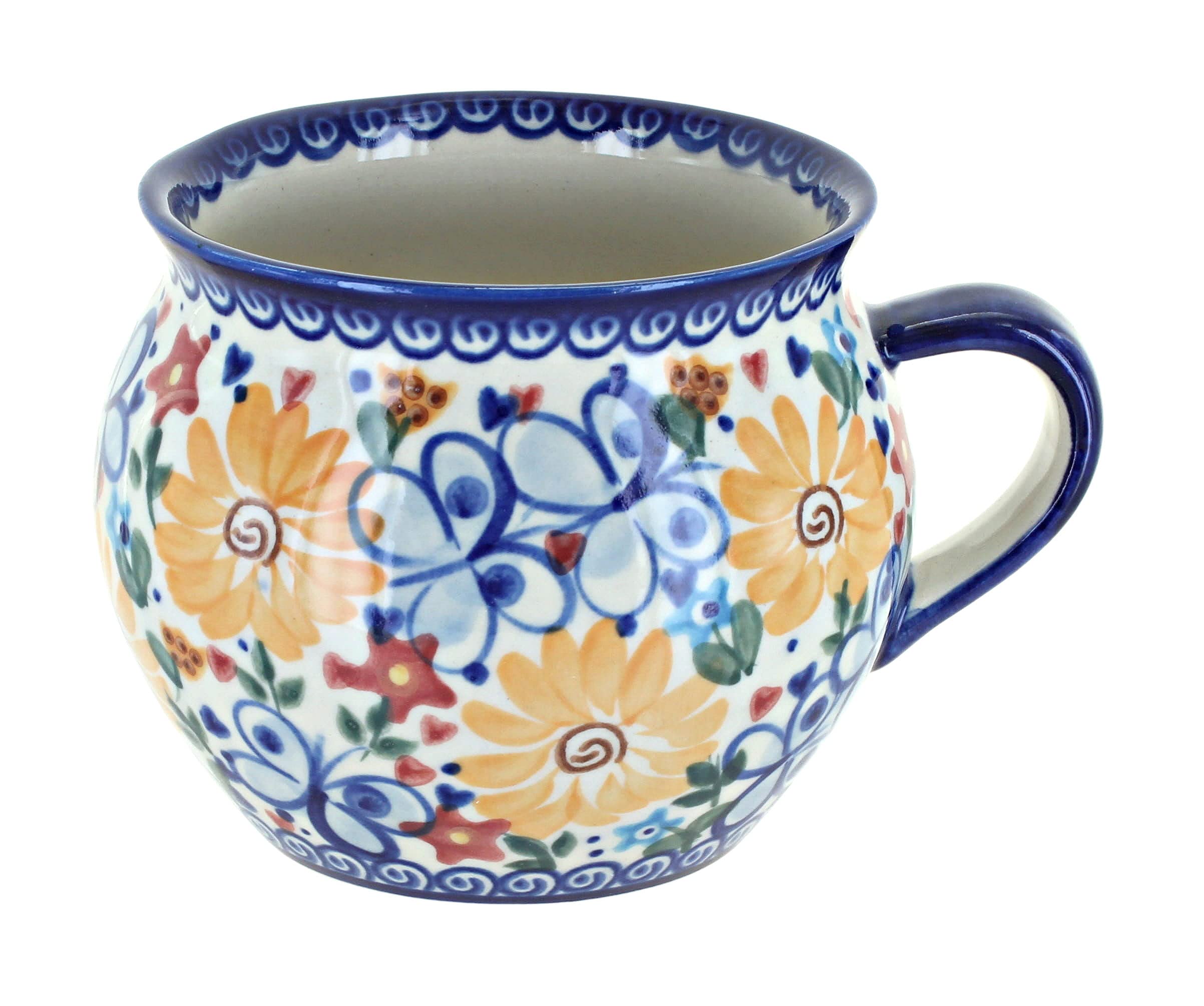 Handmade Blue Rose Polish Pottery Butterfly Bubble Soup Mug - Elegant Tea & Coffee Cup for Home, Office, and Gift Giving