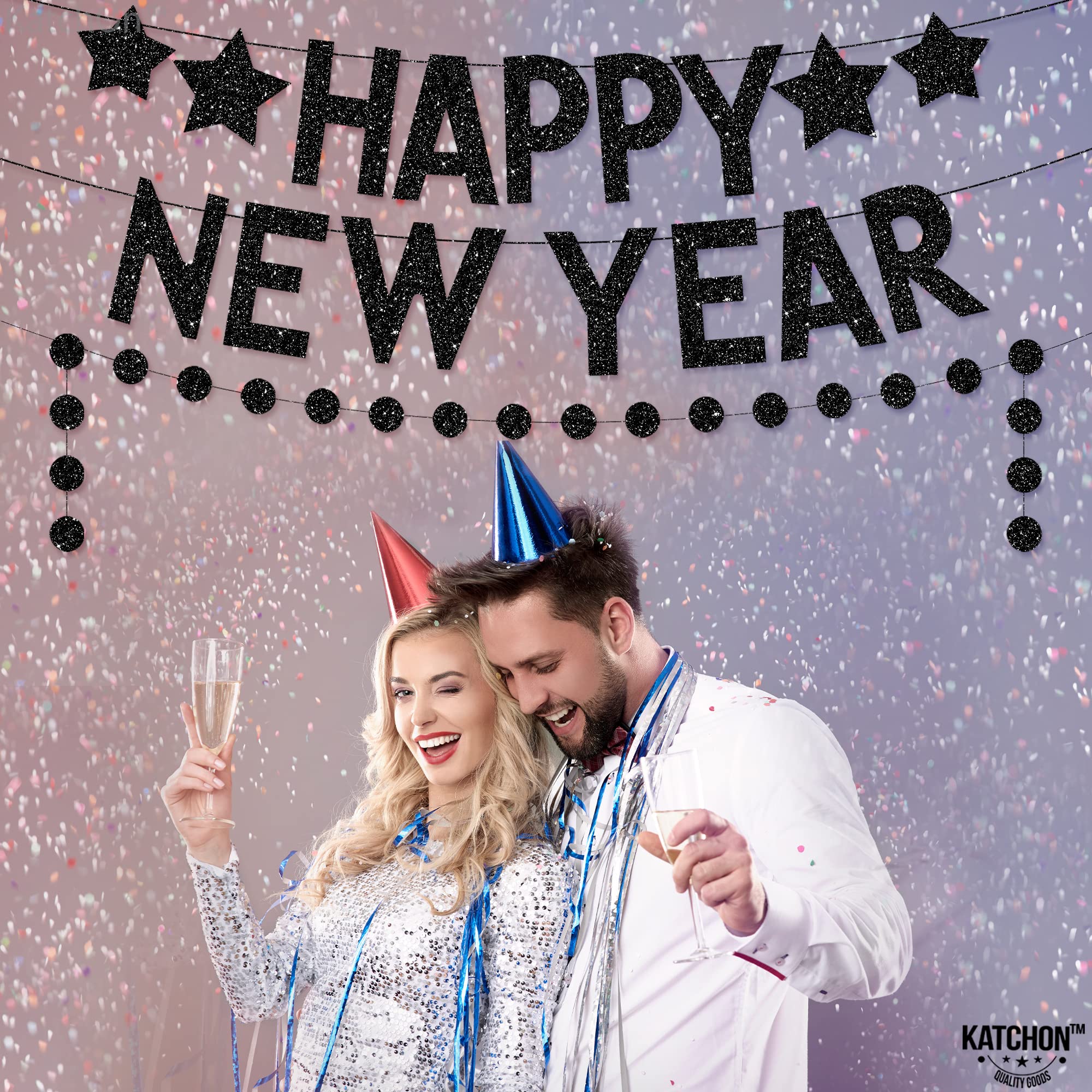 Katchon Glitter Happy New Year Banner 2025 - Black Party Decor with 2 Pre-Assembled Strings | New Year's Eve Party Supplies for Wall Decorations | Perfect for NYE Countdown, Home Celebration & Holiday Photo Backdrop