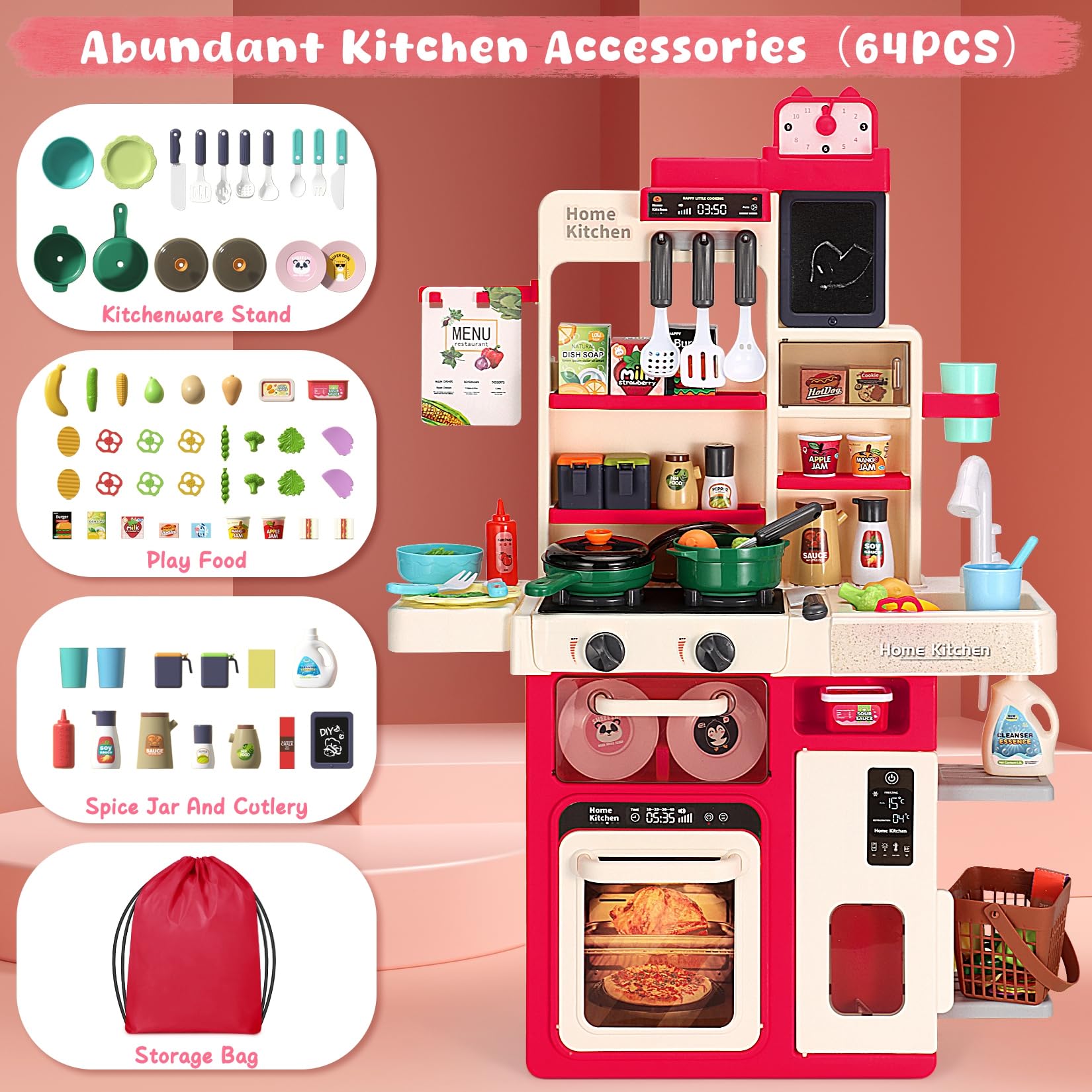 Easface Kids Play Kitchen Set with Sound & Light - Pretend Cooking Stove with Steam, Play Sink & Accessories - Educational Toy Kitchen for Toddlers 1-5 Years Old (Red) - Perfect for Pretend Play, Role Playing & Early Learning at Home or Preschool