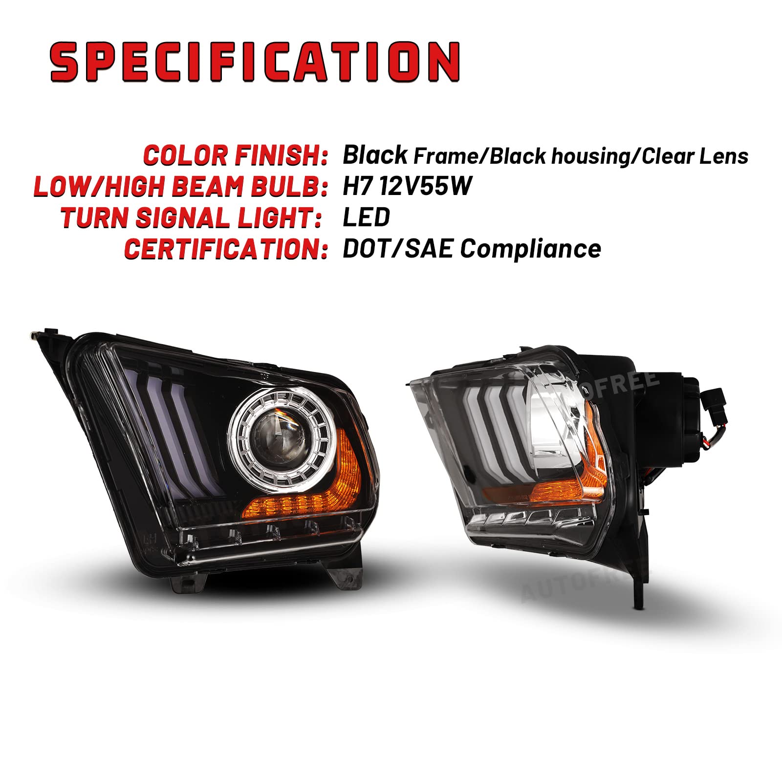 Ford Mustang 2010-2012 Halogen Headlights Replacement - Dynamic Turning Lights, Complete Headlight Assembly for Improved Night Driving | Perfect for Daily Commute & Road Trips