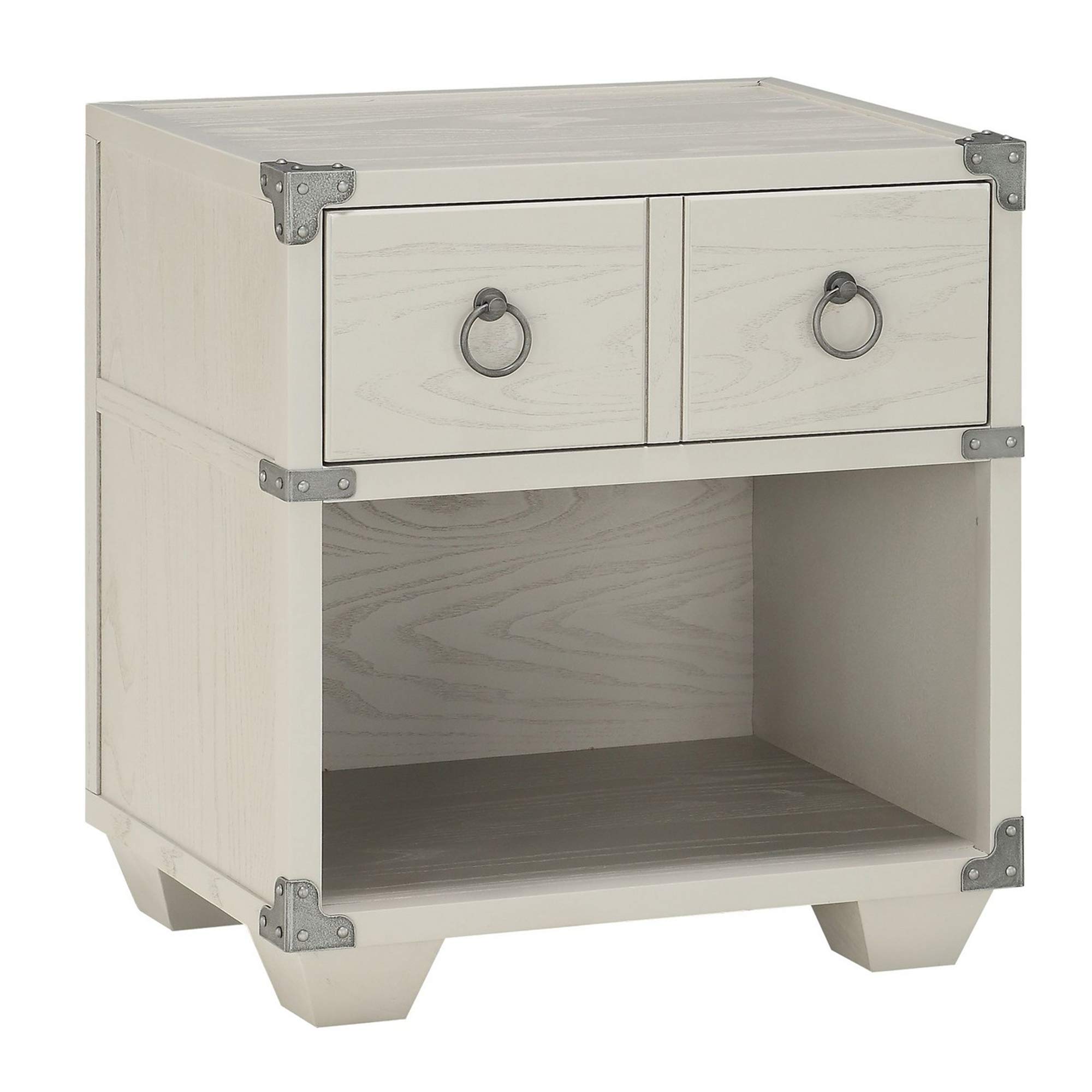 Benjara 2-Drawer Wooden Nightstand with Metal Ring Pulls, Gray - Stylish Bedside Table for Bedroom, Living Room, or Office Storage