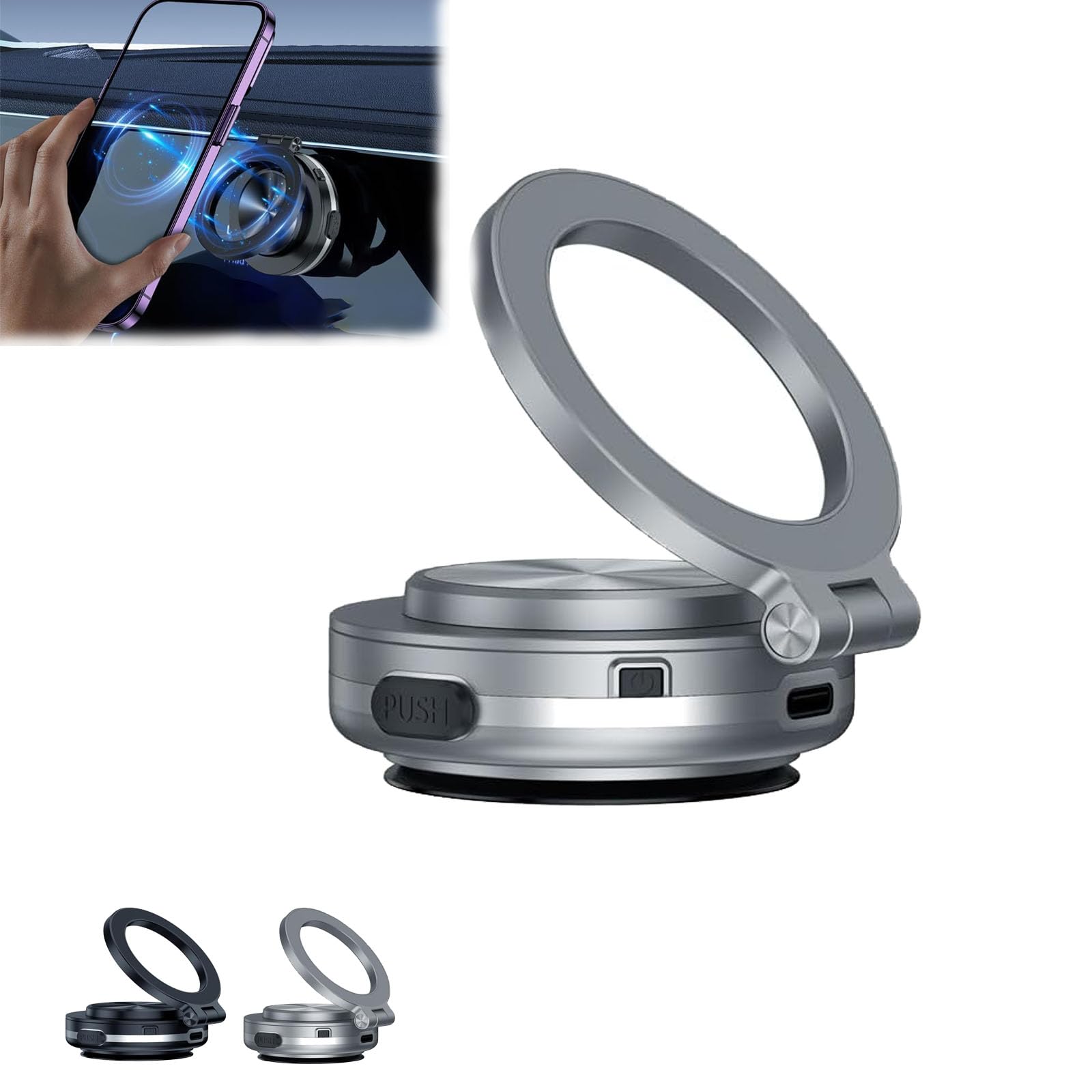 Electric Vacuum Magnetic Car Phone Mount - 360° Rotating & 270° Folding Smartphone Holder with Strong Suction Cup for Safe Driving | Perfect for GPS Navigation & Hands-Free Calls (Silver)
