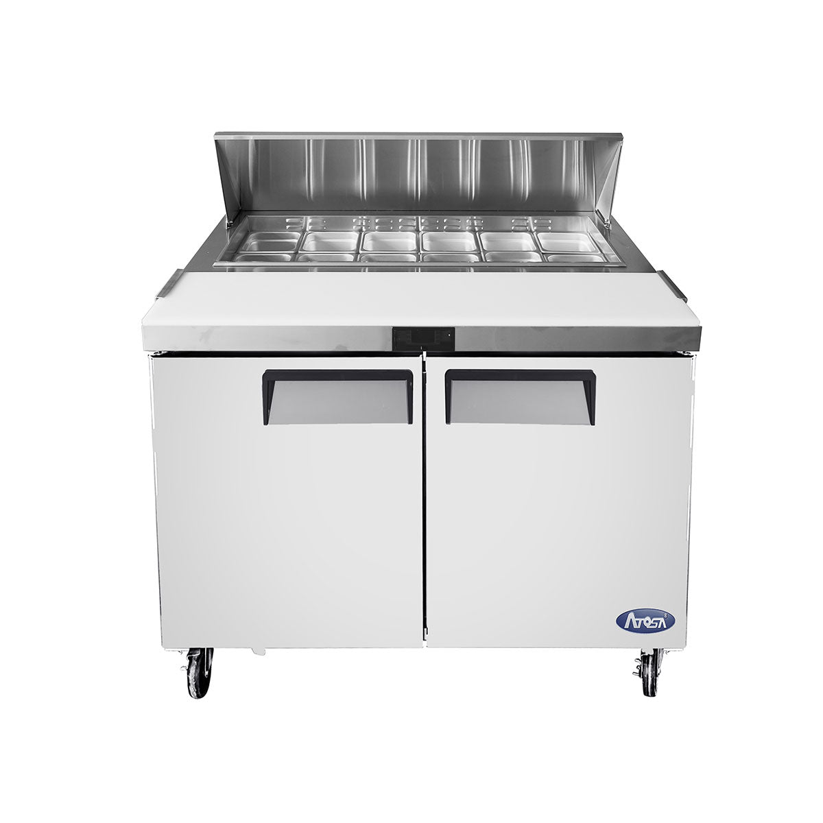 Atosa MSF8302 Commercial Double Door Sandwich Prep Refrigerator - Stainless Steel Work Table with Storage for Deli, Bakery & Restaurant Use