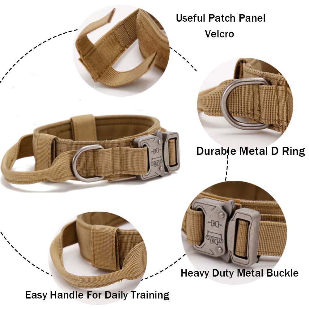 Tactical Military Dog Collar - Heavy Duty Adjustable Nylon Collar with Metal Buckle & Handle for Training - Perfect for Outdoor Adventures, Hiking & Security Dogs (Brown, Large)