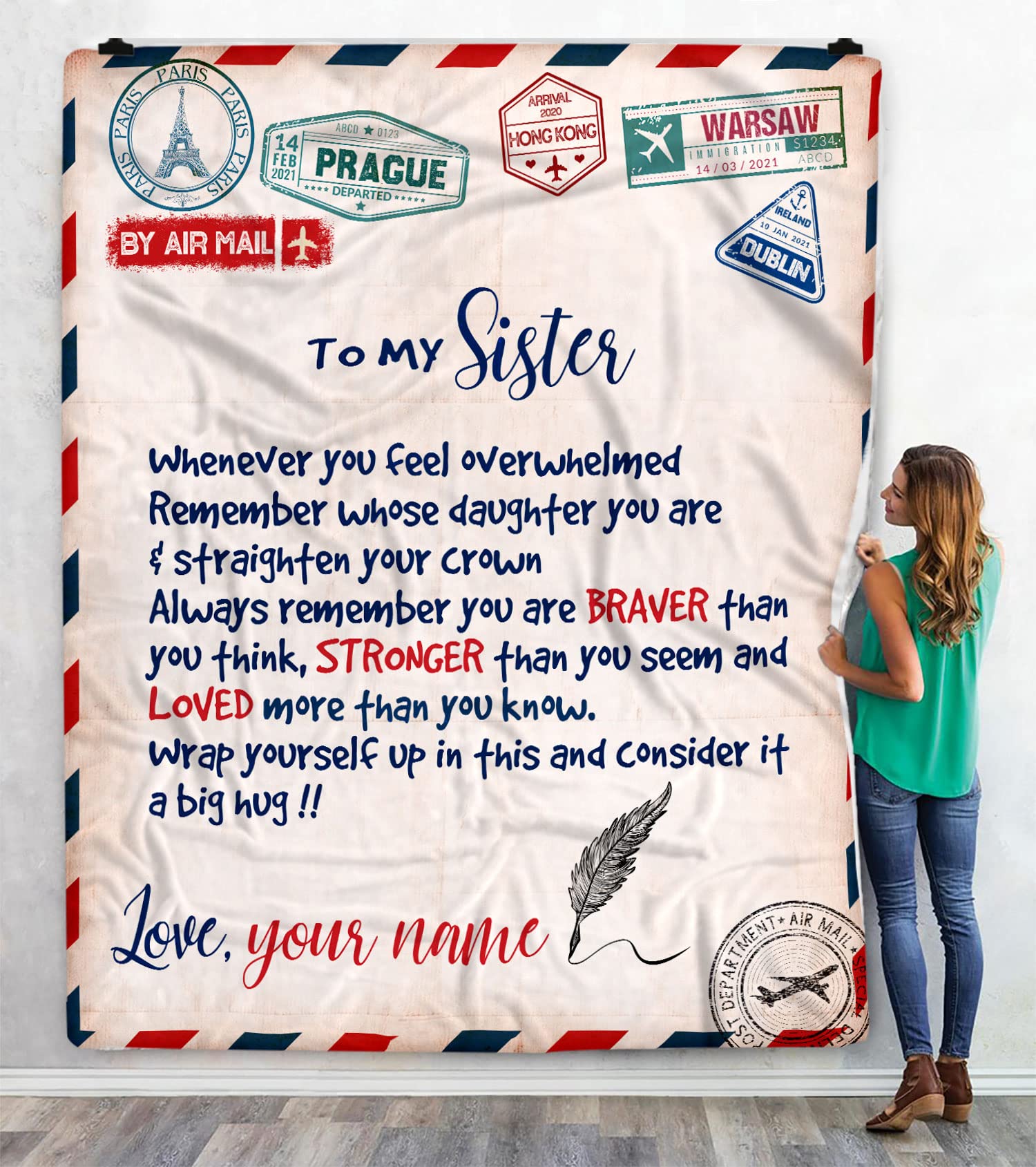 Custom Sister Blanket - Personalized Air Mail Letter Gift for Birthday & Christmas - Cozy Throw for Siblings