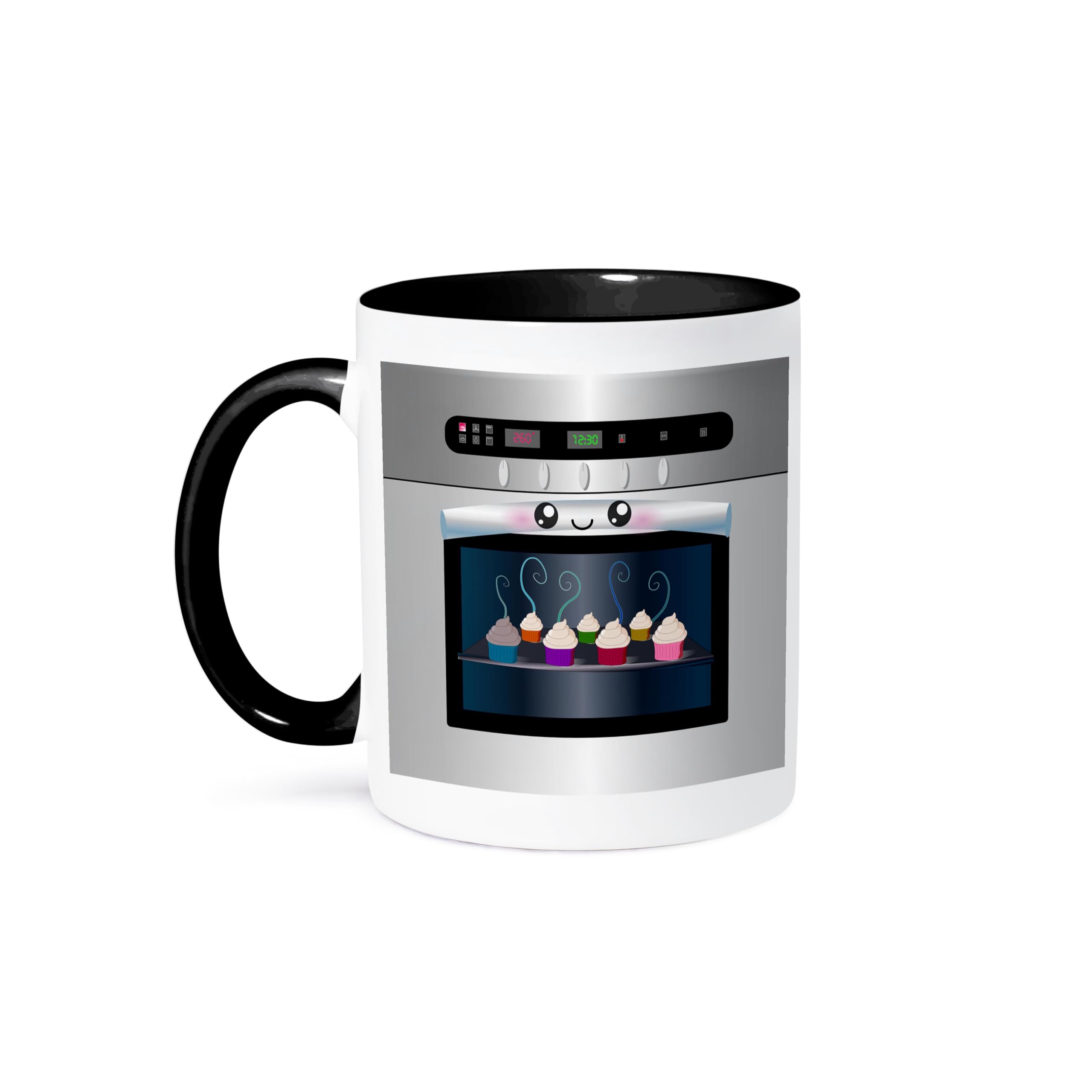 3dRose Two Tone Black Mug 11 oz - Cute Kawaii Happy Smiling Oven with Baking Cupcakes Design, Perfect Gift for Chefs, Foodies & Cooking Fans - Ideal for Coffee, Tea & Hot Chocolate at Home or Office