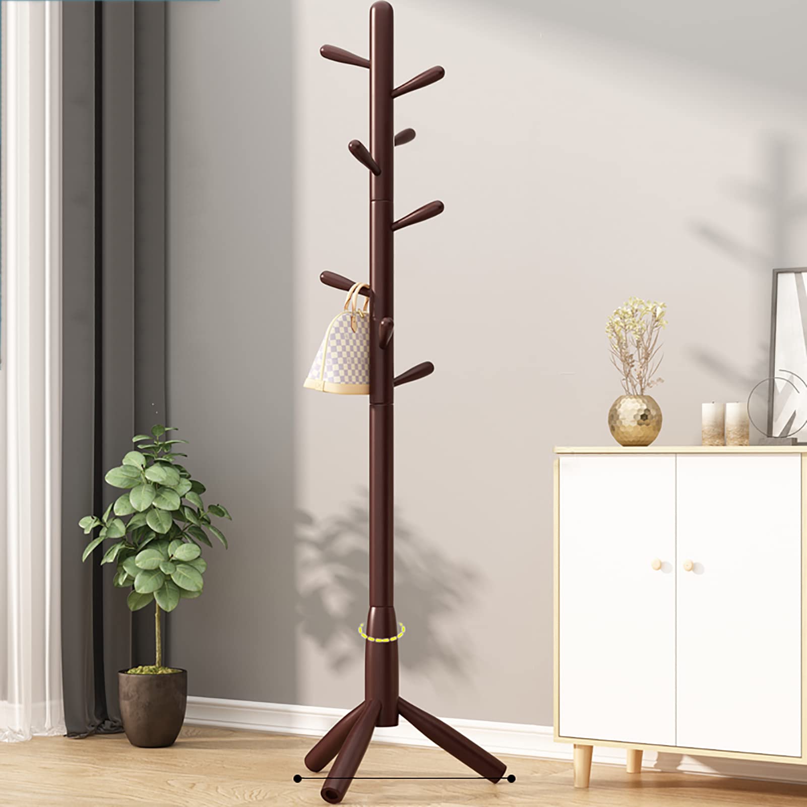 8-Hook Solid Wood Free Standing Coat Rack with Tri-Legged Base - 180cm Hall Tree for Entryway | Durable Brown Wooden Coat Hanger for Jackets, Hats & Bags - Perfect for Home, Office or Mudroom Organization