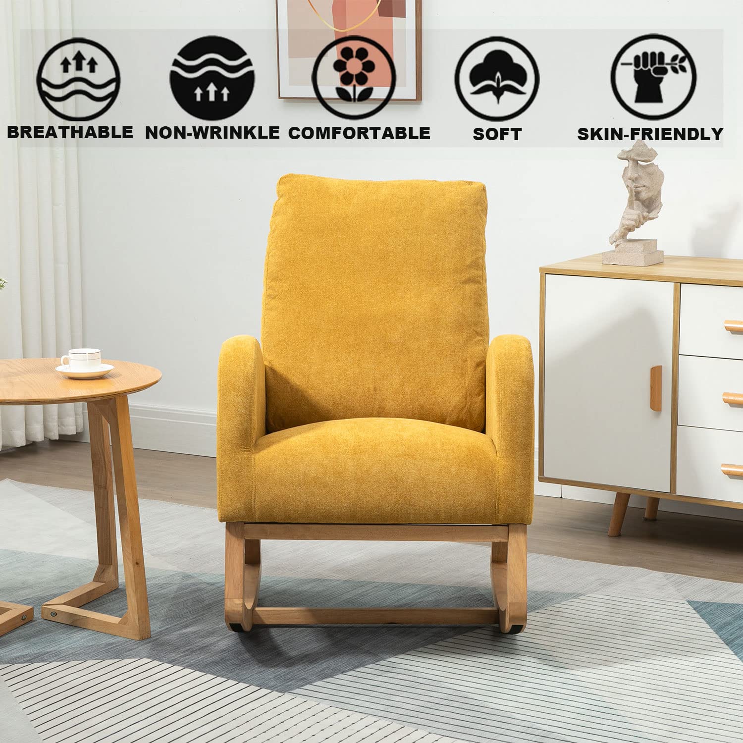 Modern Upholstered Glider Rocker Chair - Nursery Rocking Chair with Side Pocket, Comfortable Armchair for Living Room, Bedroom & Nursery (Yellow) - Perfect for Breastfeeding, Relaxing & Nursery Decor