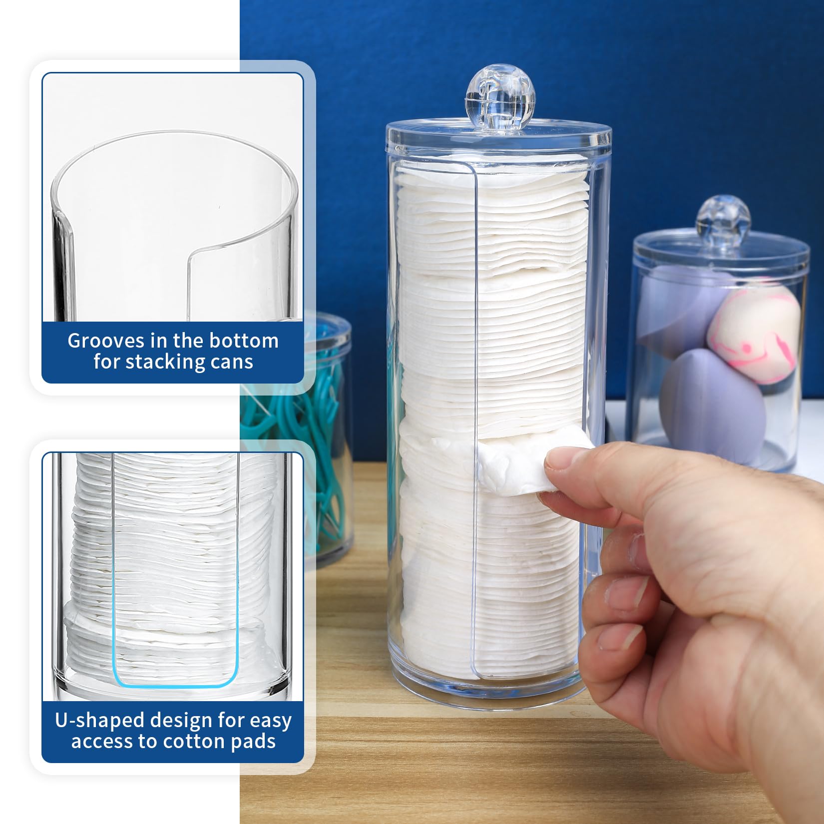 Gaomoeny 3-Piece Clear Acrylic Cotton Pad & Q-Tip Organizer Set with Lids - Bathroom Makeup Storage Containers for Cotton Swabs, Cosmetic Jars & Beauty Accessories - Perfect for Vanity, Dresser & Bathroom Counter Organization