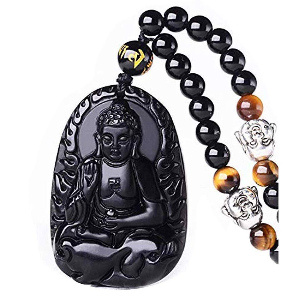 Natural Obsidian Pendant Necklace for Women & Men - Zodiac Bodhisattva Amulet Talisman in White Copper | Spiritual Protection & Fashion Jewelry for Daily Wear, Meditation & Gifts
