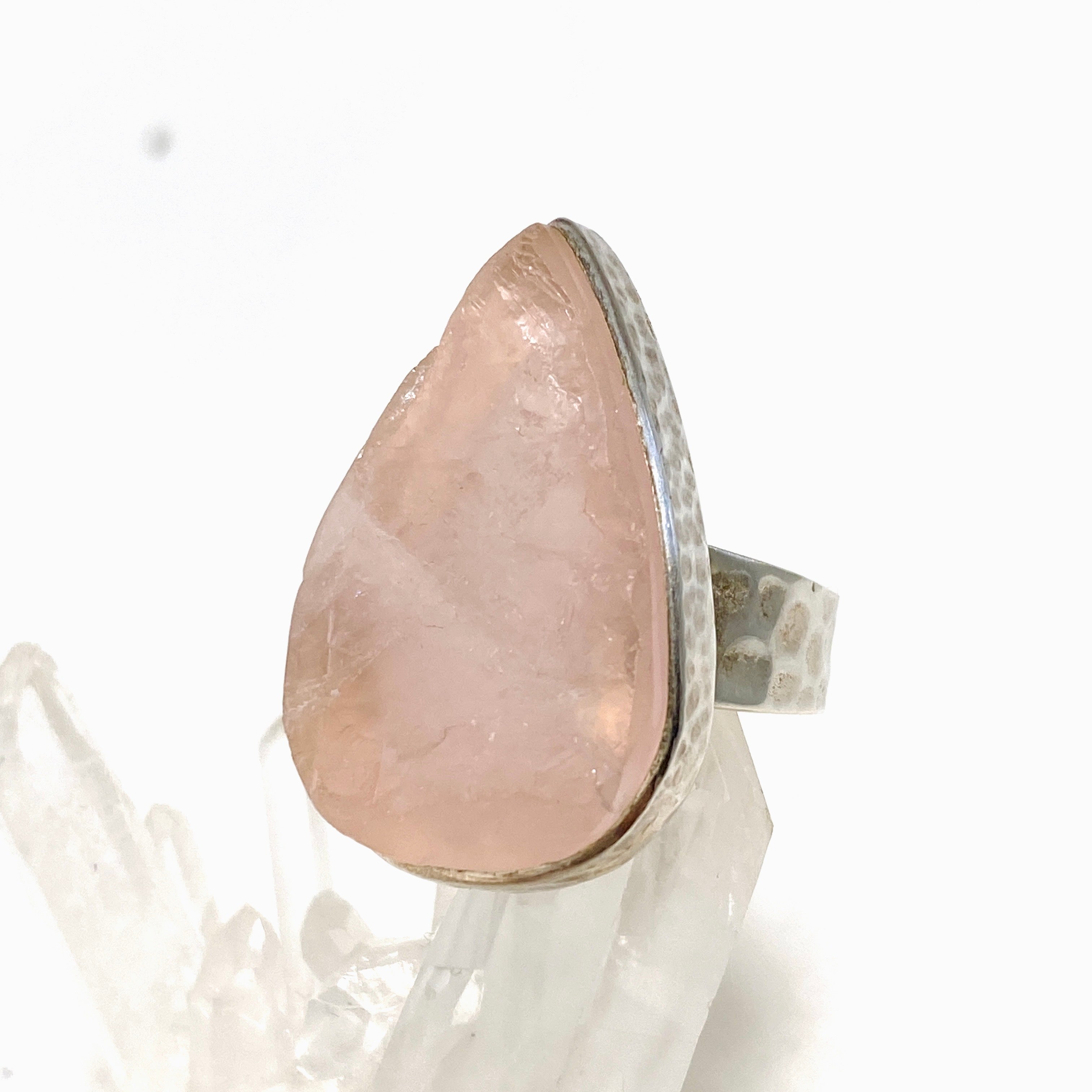 Rose Quartz Raw Teardrop Ring with Hammered Band - Size 9 (KRGJ1301) | Handmade Boho Jewelry for Women, Healing Crystal Gift for Meditation & Spiritual Wellness