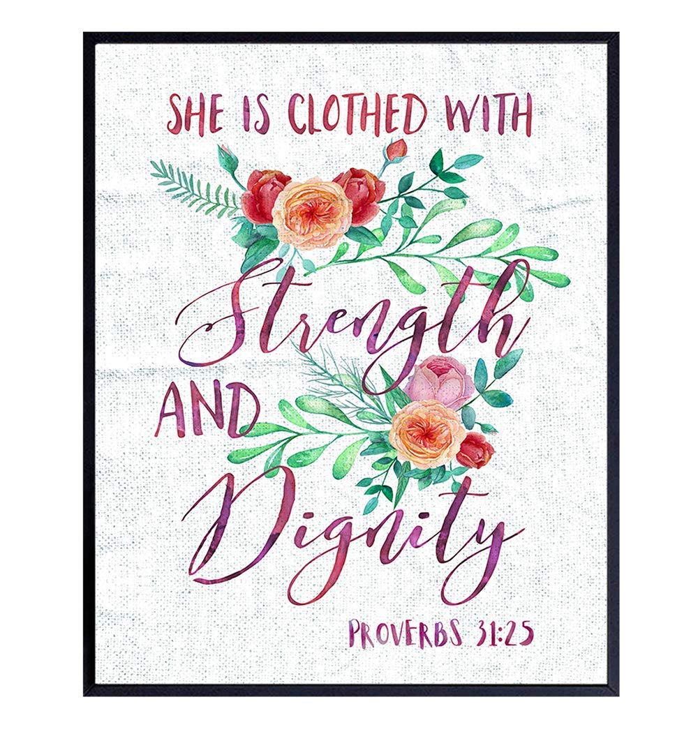 Christian Wall Decor - Proverbs 31 Bible Verse Art - She is Clothed With Strength and Dignity Scripture Print - Inspirational Religious Gift for Women & Girls - Faith-Based Home Decor for Bedroom, Living Room, Church