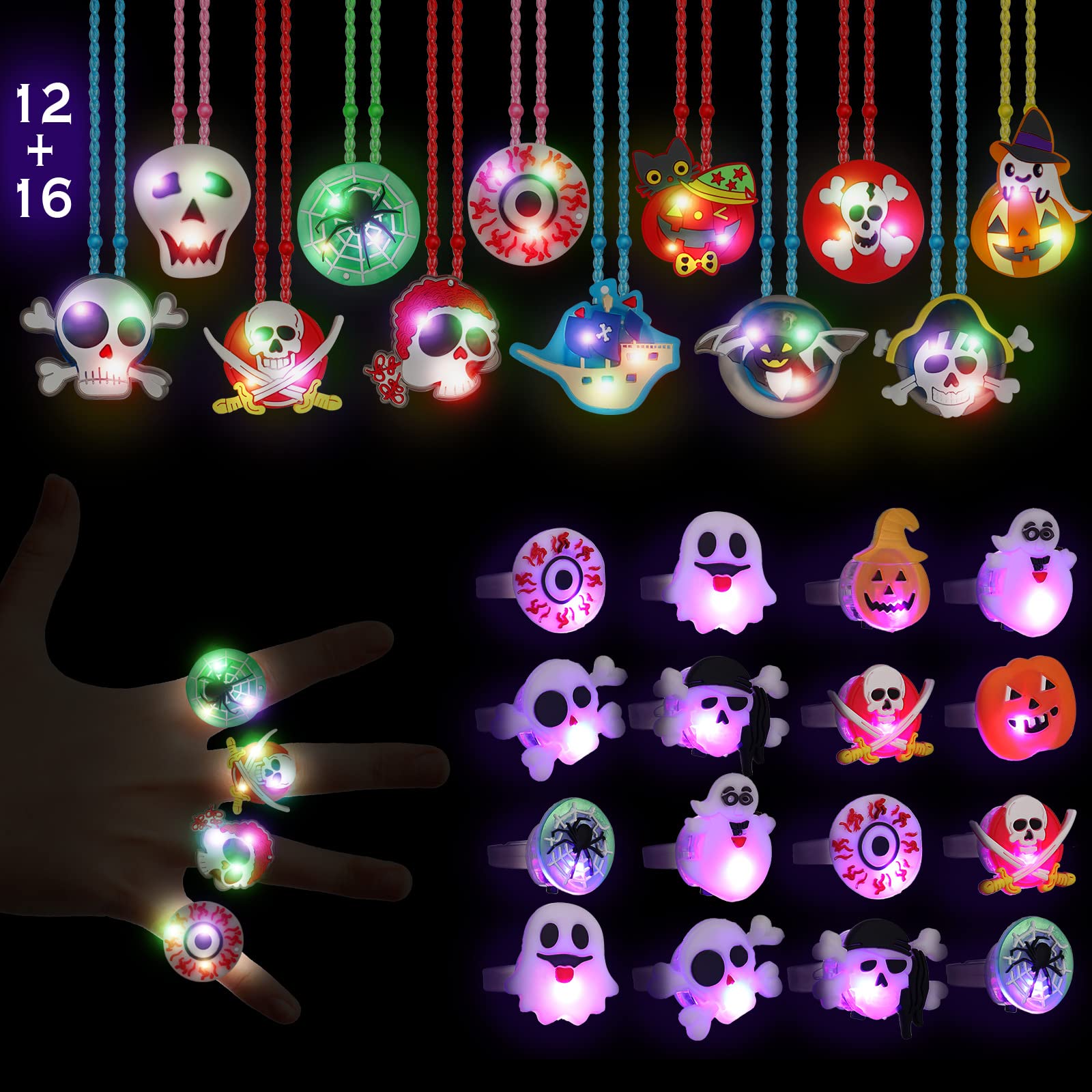 12-Piece Halloween LED Light Up Necklace & 16-Piece Glow Rings Set - Flashing Party Favors for Kids & Adults - Perfect for Trick or Treat, Halloween Parties, Costume Accessories & Candy Bag Fillers