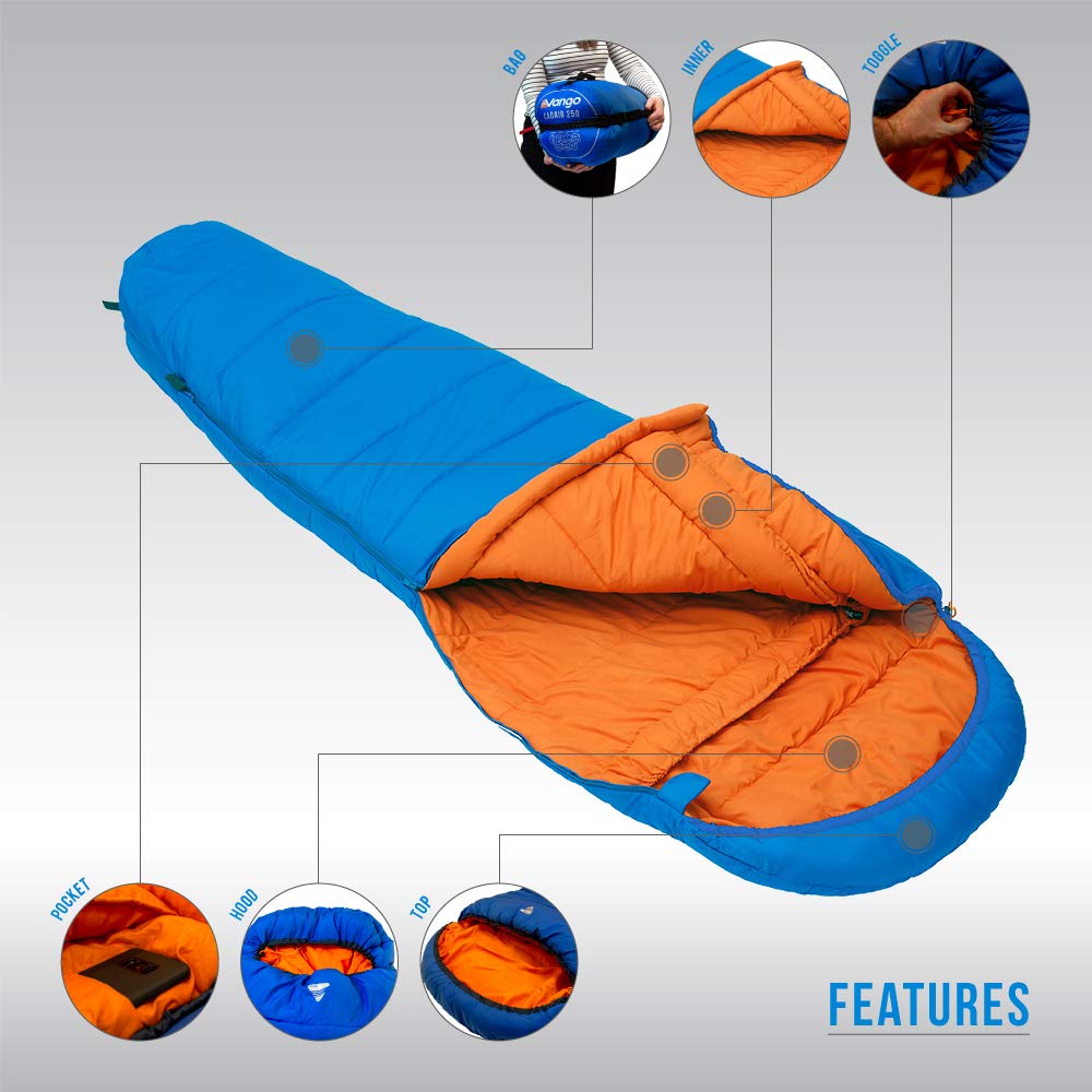 Vango Cadair 250 Mummy Sleeping Bag - Lightweight & Waterproof for Camping, Hiking & Backpacking - Atlantic Blue