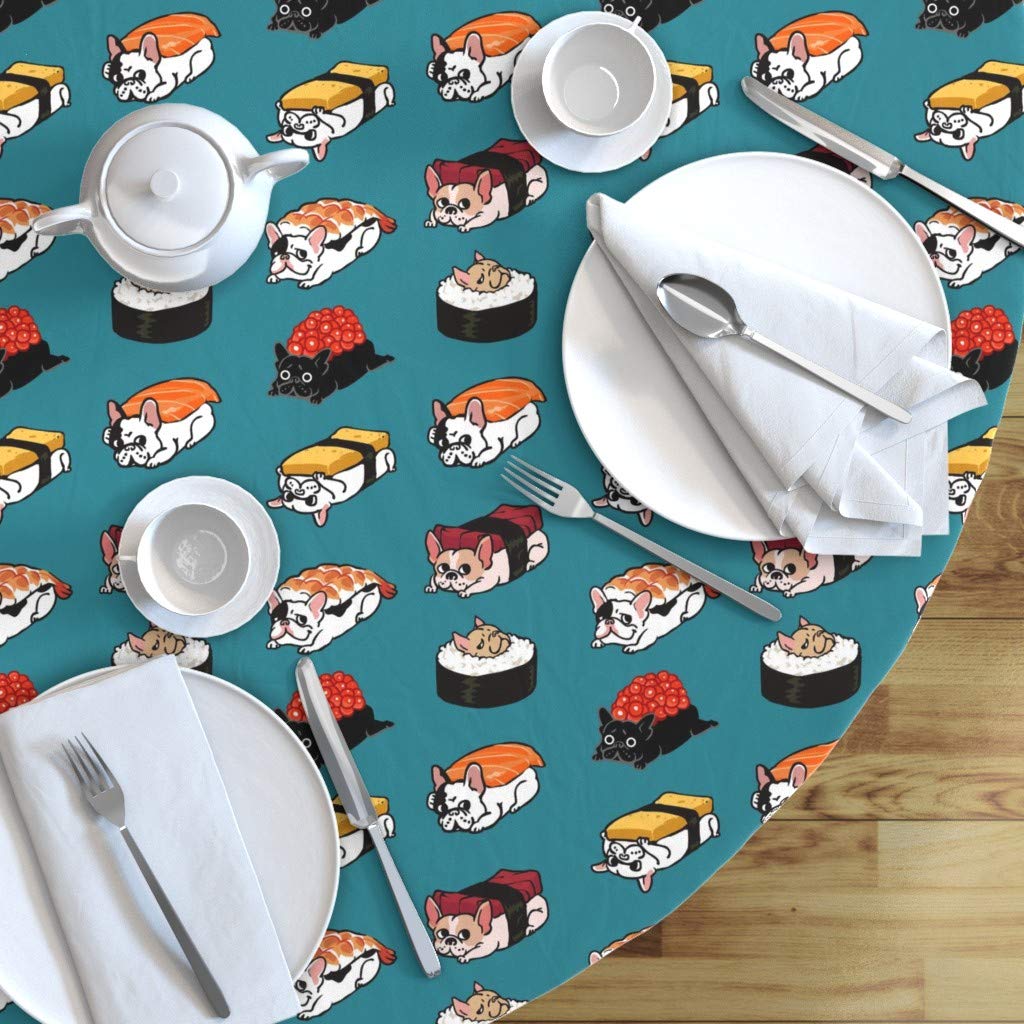 Cute Sushi Frenchie French Bulldog Japanese Food Print Cotton Sateen Tablecloth - 90 Inch Round Custom Kitchen Table Linens for Dining, Parties & Home Decor