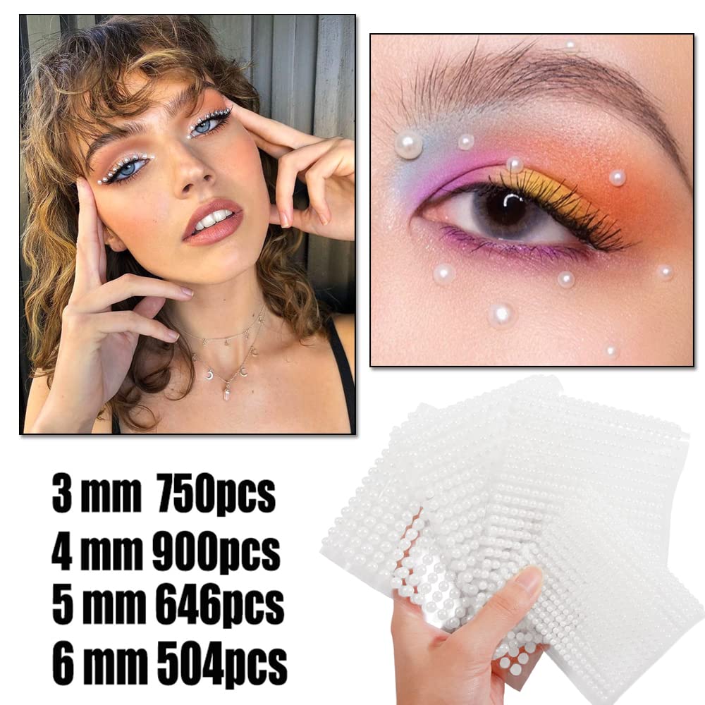 3D White Pearl Rhinestone Stickers - 2800PCS Flatback Pearls for Eye Gems, Face Jewels & Nail Art Decor | Self-Adhesive Body Crystal Diamonds for Women & Girls | Perfect for Parties, Cosplay & DIY Makeup (4 Sheets, White)