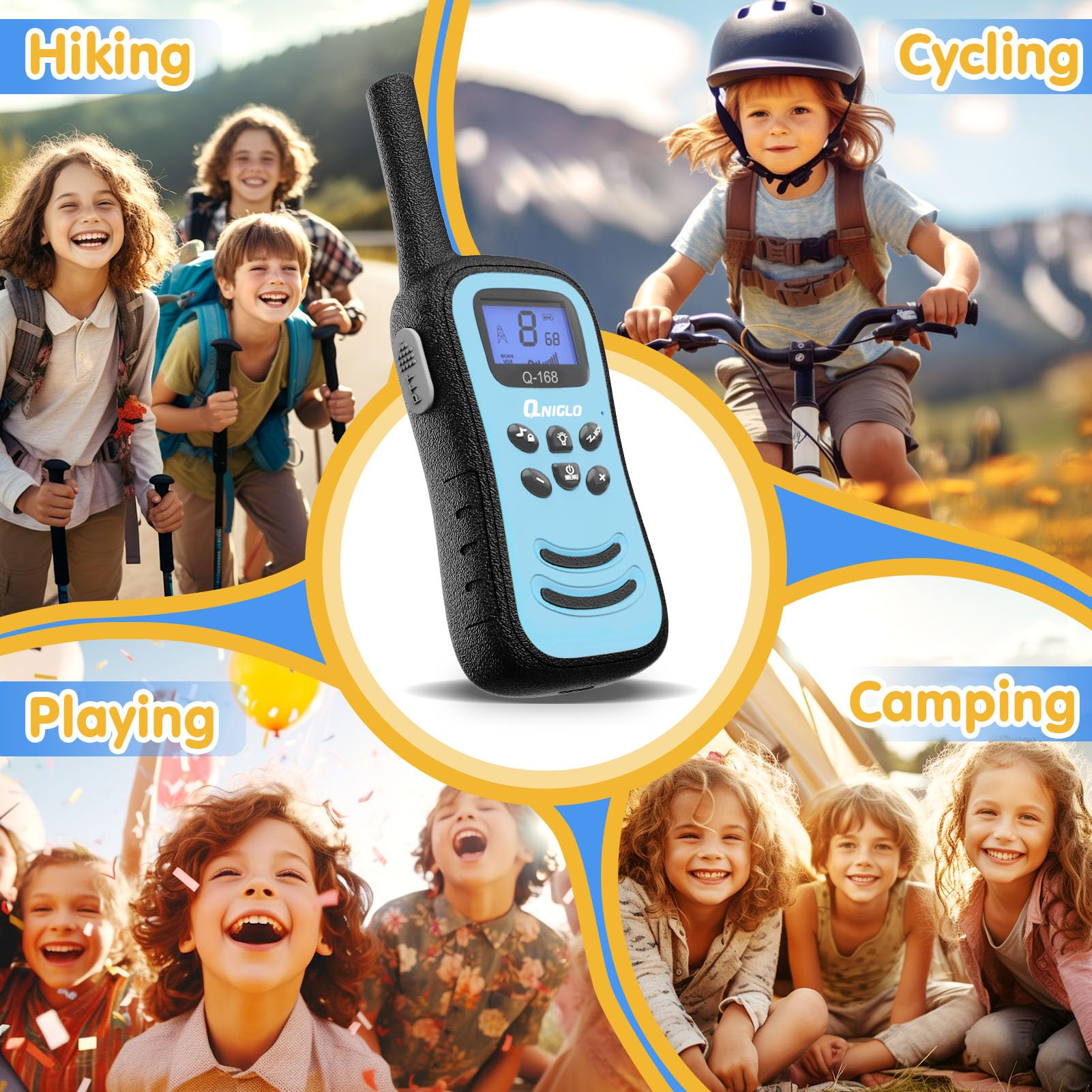 QNIGLO Rechargeable Walkie Talkies for Kids - Long Range 2 Way Radios with 22 FRS Channels & LED Flashlight - Best Toys Gift for Boys Girls Ages 3-14 - Perfect for Outdoor Adventures, Camping, Hiking and Family Games